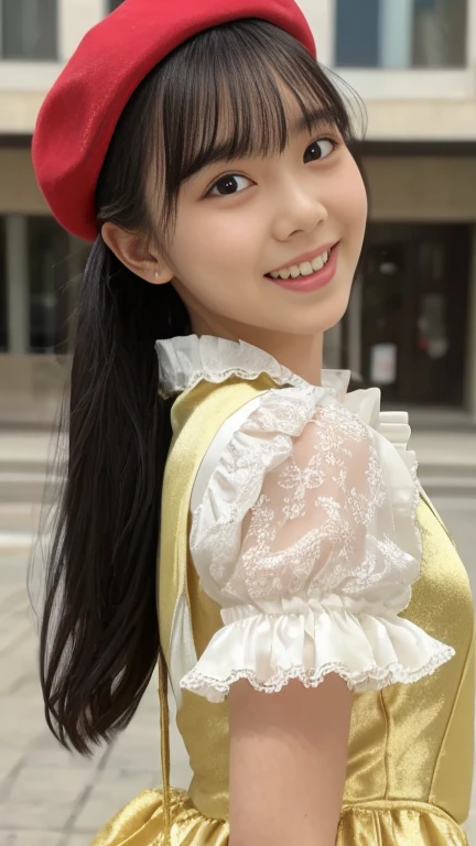 photo realistic, a girl in gold satin dress, 14 yo, pretty face, ****ta Fashion, Colorful frilly satin costume:1.2, ponytail hair, beret, smile, teeth, detailed Face, detailed Eyes, blush, break, Bright lighting, diagonal standing pose:1.6, low angle:1.8, medium wide shot:1.9