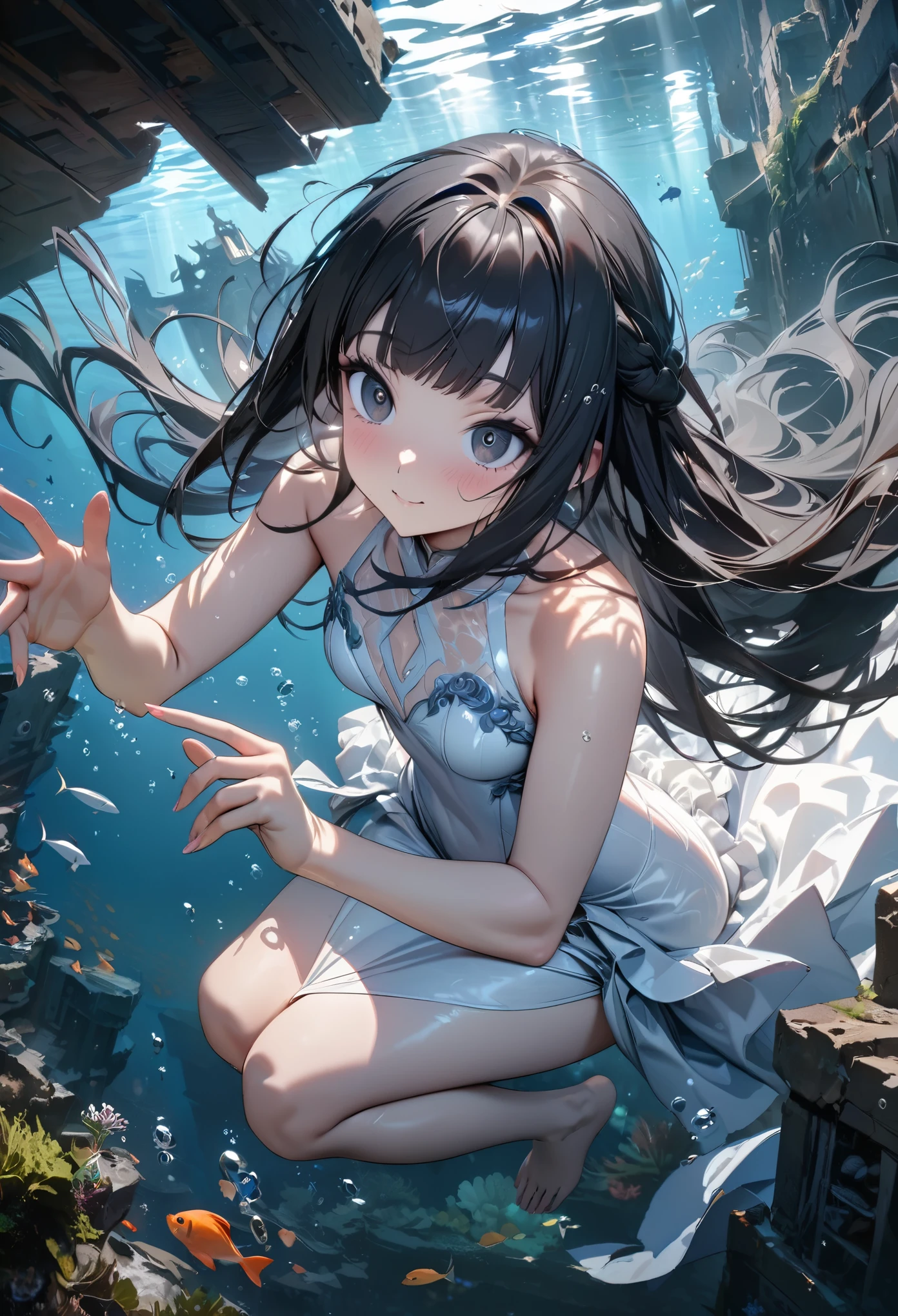 (Cinematic Digital Artwork: 1.3),
beautiful a girl、Diving, under the water, Dive directly underneath to take underwater photos, in water, underwater photo, skin diving、 Anime style mixed with Fujifilm、Snow white swimsuit、white knee-socks、White Diving Fins、White high-leg swimsuit