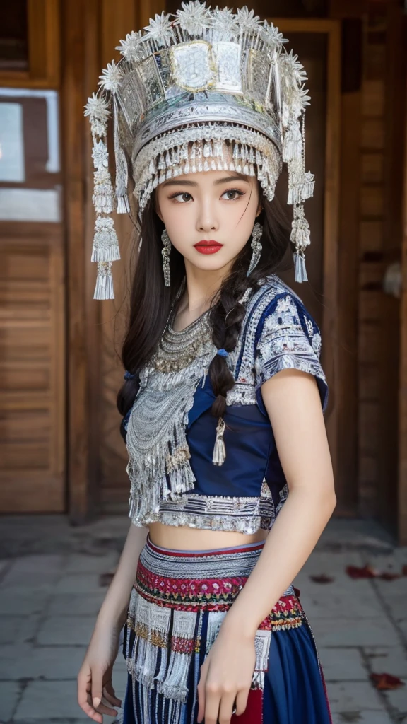 （8K，best quality，masterpiece：1.2），Ultra-high detail，Professional lighting，best quality，Ultra-high resolution，Visually stunning，（1 girl：1.1），（Hmong costumes、headgear），Real human skin，（Perfect body 1.3）Super delicate face。