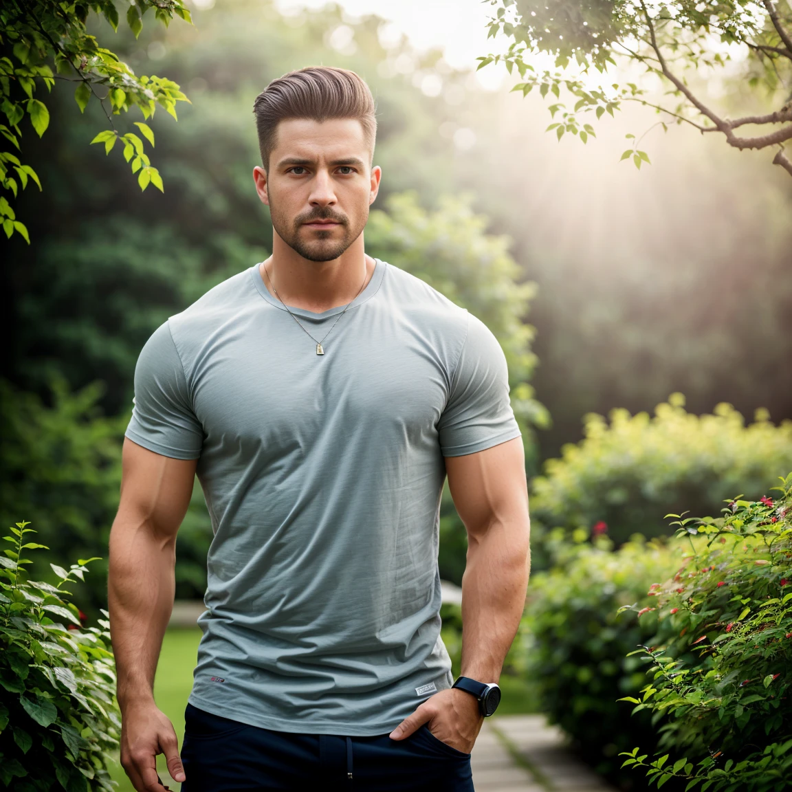 1man, A lateral medium shot of a charismatic male fitness model, 30 years old，small beard, upset expression，gloomy eyes，Blue eyes, captured in a garden, wearing a t-shirt, grey pants, soft natural lighting, cinematic and moody, (best quality,4k,8k,highres,masterpiece:1.2),ultra-detailed,(realistic,photorealistic,photo-realistic:1.37),HDR,studio lighting,professional,vivid colors,dramatic lighting