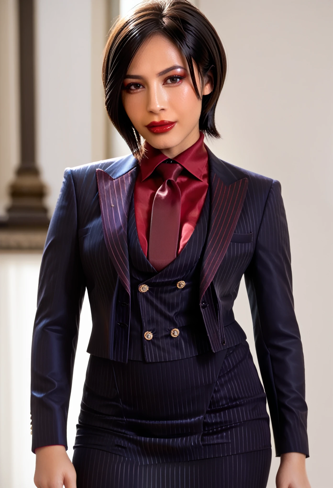 score_9, score_8_up, score_7_up, ada wong, awong_re4rm, three-piece suit, ((waistcoat)), black pinstripe skirt suit, dress shirt, red silk necktie, blazer, suit jacket, bodycon pencil skirt, red shirt, suit trim, makeup, lipstick, black pantyhose, 1girl, posing, petite, perfect face, closeup, looking at viewer, depth of field, face focus, waist up