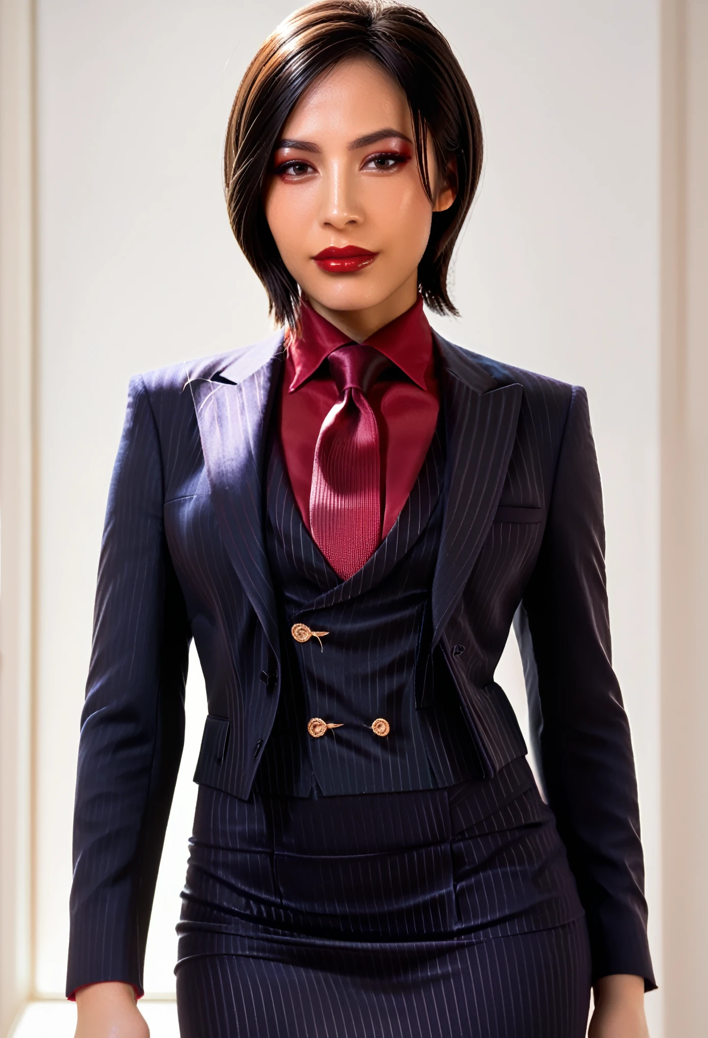 score_9, score_8_up, score_7_up, ada wong, awong_re4rm, three-piece suit, ((waistcoat)), black pinstripe skirt suit, dress shirt, red silk necktie, blazer, suit jacket, bodycon pencil skirt, red shirt, suit trim, makeup, lipstick, black pantyhose, 1girl, posing, petite, perfect face, closeup, looking at viewer, depth of field, face focus, waist up