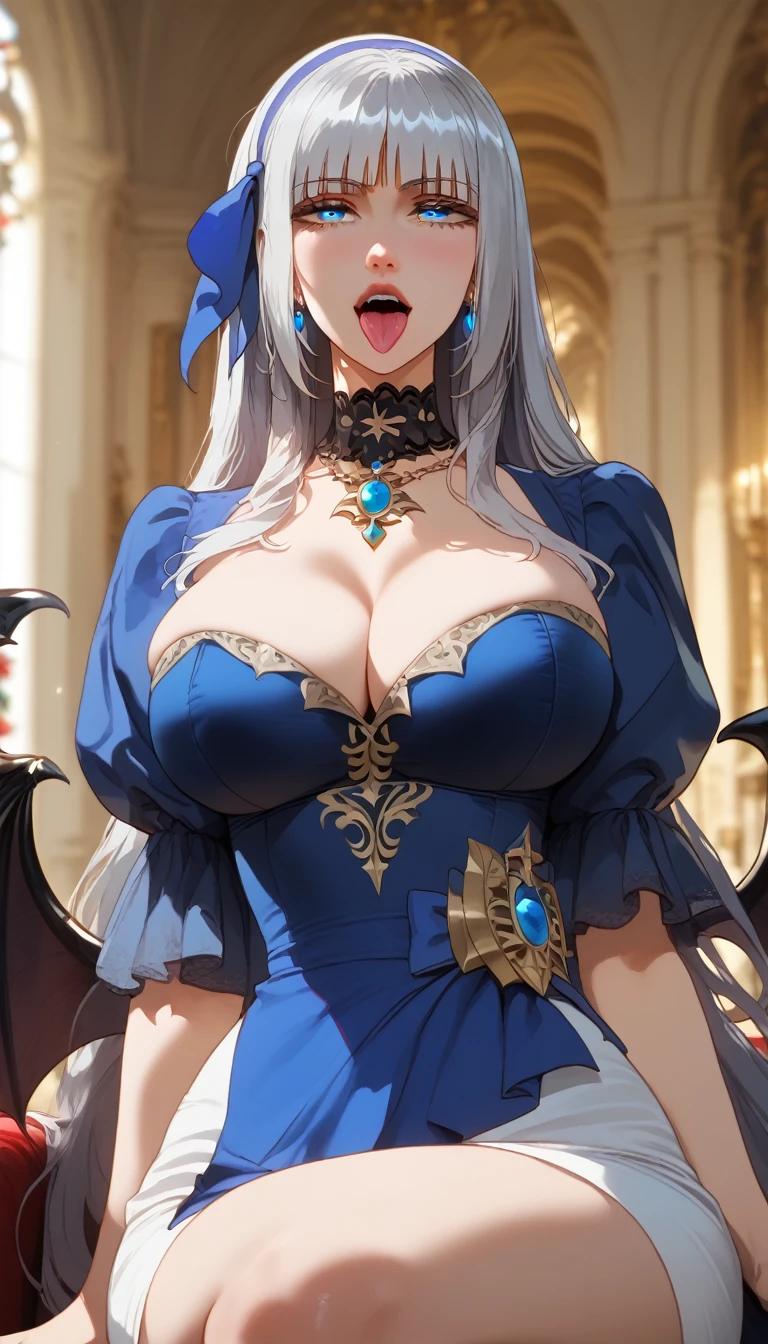 score_9, score_8_up, score_7_up, score_6_up, uncensored, mylene, long hair, silver hair, blue hairband, blue eyes, necklace, BREAK (masterpiece:1.2), best quality, high resolution, (detailed eyes:1.3), perfect lighting, (perfect hands, perfect anatomy), large breasts, soft focus, fantasy art, aged-up 1girl, head_wings, demon_wings, vampire, brooch, bowtie, upper body, tuxedo, tongue, knee