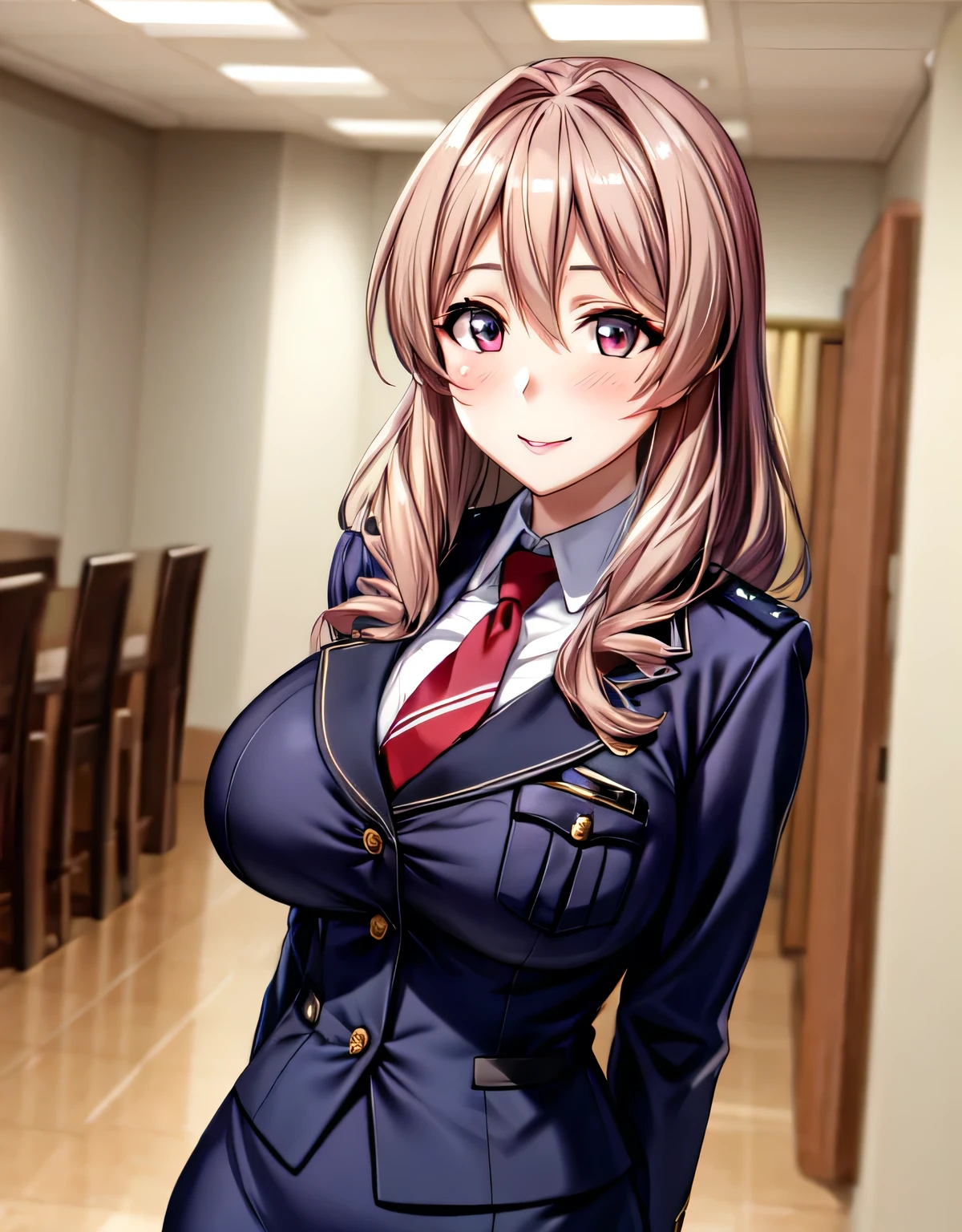 (large breasts:1.62),(shiny hair),((solo)),((masterpiece)),((best quality)),perfect anatomy,slim waist,perfect image,8k UHD,(beautiful detailed eyes:1.5),extremely detailed face,standing,(upper body:1.2),(look at the front:1.5),ultra-detailed,absurdres,ultra-highres,arms behind back,blush,kh1,red necktie,shiny police uniform,pencil skirt,long sleeves,indoor room,smile,blush,pink eyes,