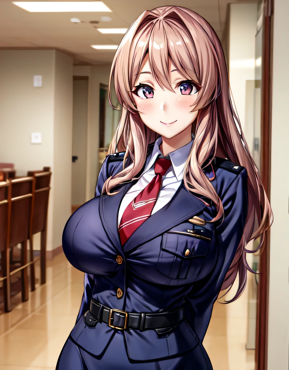 (large breasts:1.62),(shiny hair),((solo)),((masterpiece)),((best quality)),perfect anatomy,slim waist,perfect image,8k UHD,(beautiful detailed eyes:1.5),extremely detailed face,standing,(upper body:1.2),(look at the front:1.5),ultra-detailed,absurdres,ultra-highres,arms behind back,blush,kh1,red necktie,shiny police uniform,pencil skirt,long sleeves,indoor room,smile,blush,pink eyes,