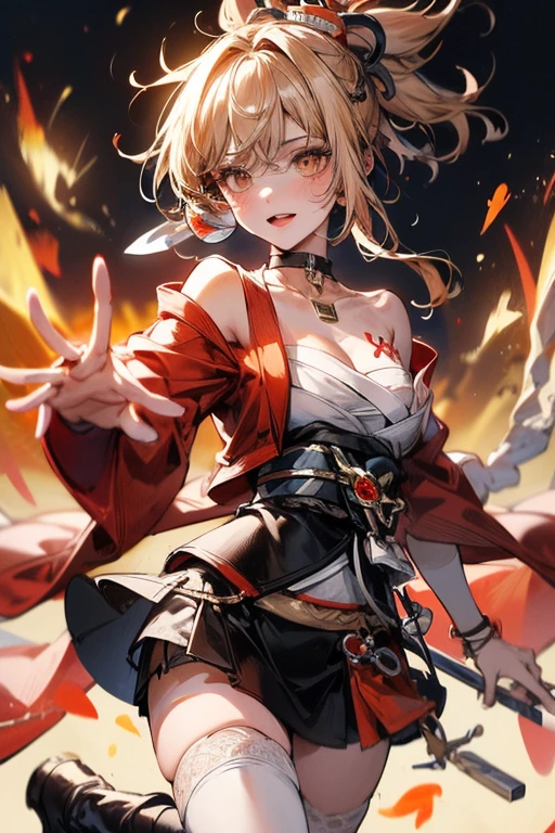 look up to, Perfect body, 1 girl, very short hair, hime cut, parted bangs, light brown hair, streaked hair, arrogant smile, tareme, animal ears, ,p, cleavage cutout, Red eyes, kunder-rim eyewear, fur trim, jacket|hoodie, black gauze skirt, black footwear, red Clothes, dusk, dusk sky,