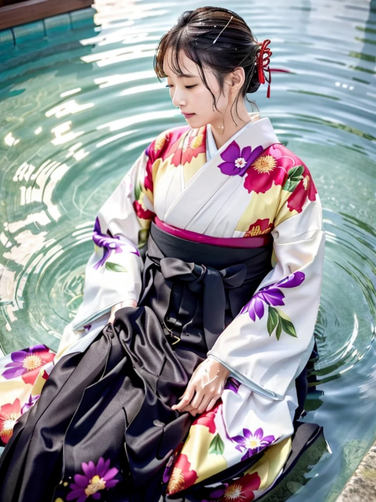 Long-sleeved kimono, hakama, long hakama, long long-sleeved kimono, wet clothes, floral kimono, soaking wet clothes, wet and shiny clothes, clothes with a wet texture, clothes clinging to the body, being submerged in water, pool, sleeping woman, sleeping face