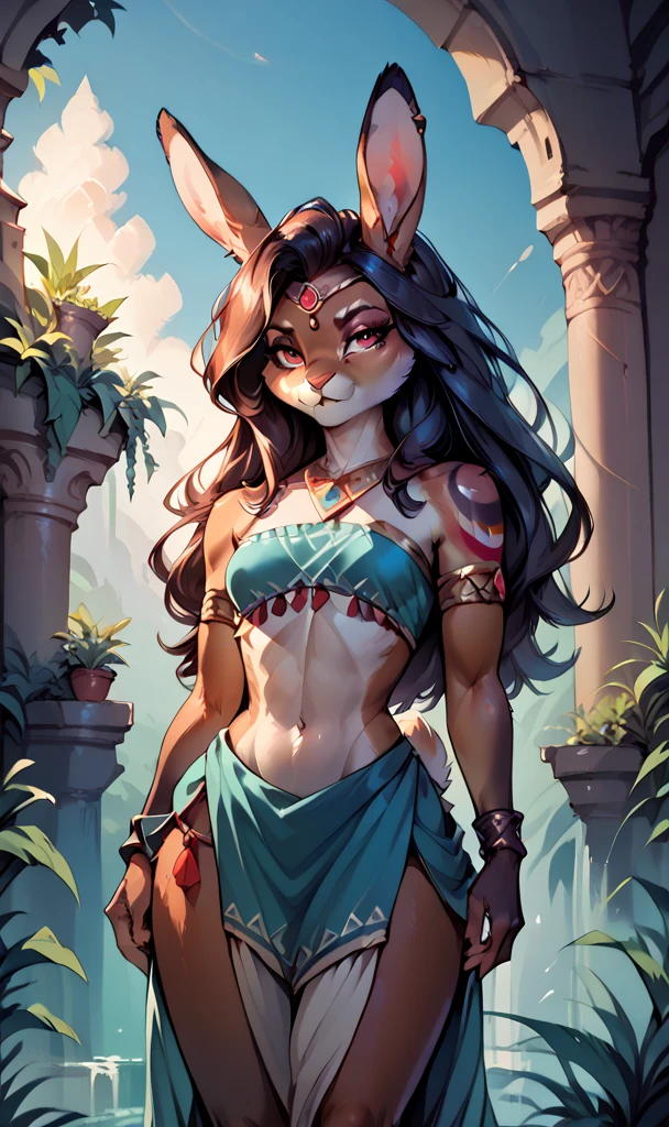 anthropomorphic, (rabbit), feminine, beautiful, attractive, tribal clothing, small breasts, shapely body, fur, large, sensual, attentive eyes, (serious expression), appropriate scenery, (great lighting), (masterpiece), (best quality), (random view)