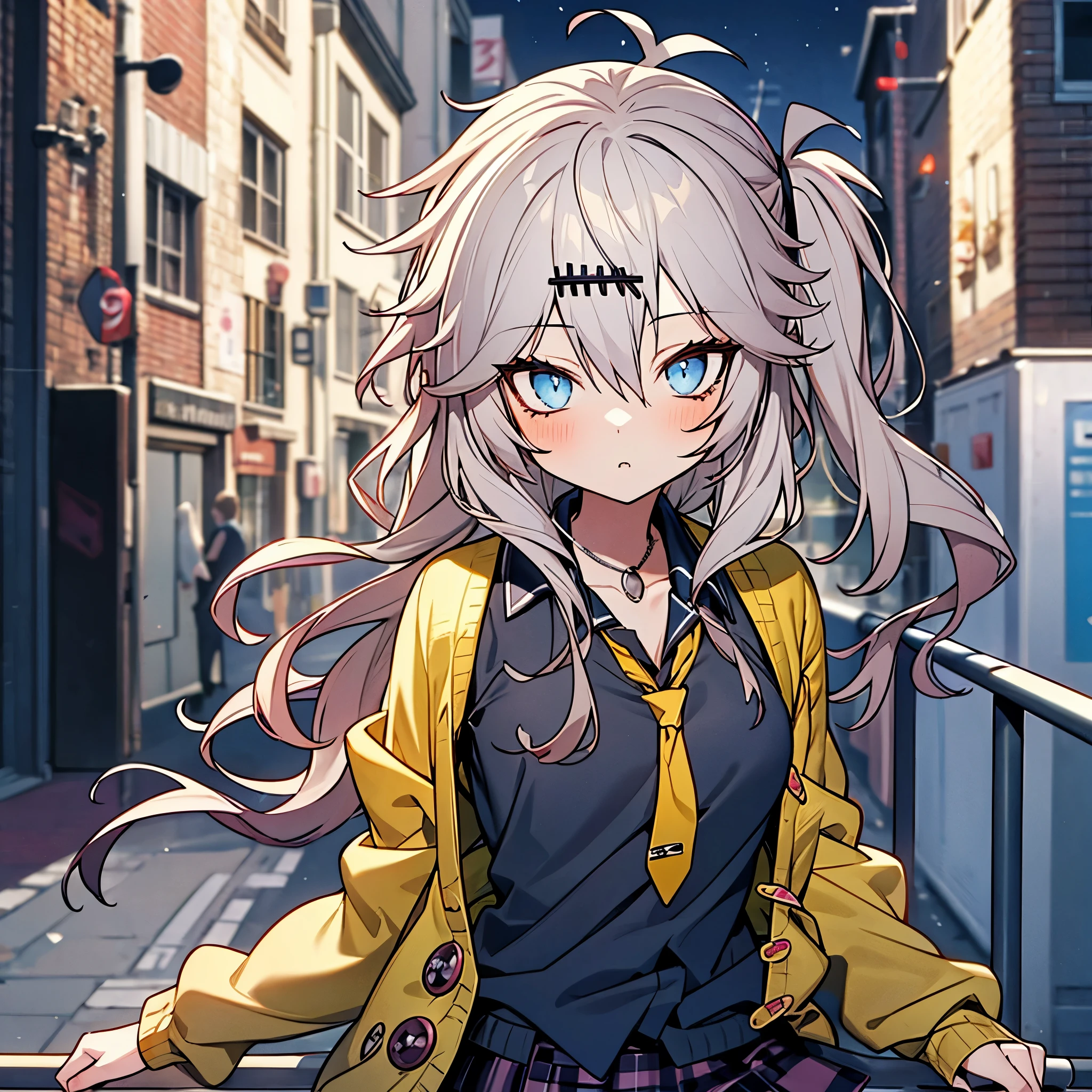 masterpiece, Best Quality, Perfect Face, Highest Resolution, Best Quality,Detailed depiction of the eyes, 8k, kasukabe tsumugi, One Girl, Black shirt, Yellow tie, Yellow cardigan, plaid skirt, bustling street, rooftop, night