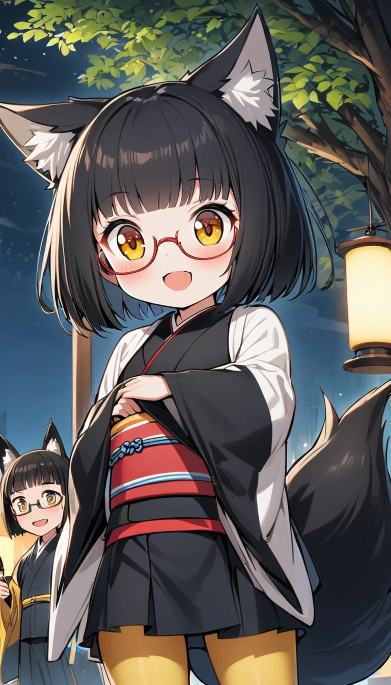 A quiet black fox girl.,One Girl,Flat chest,Red-rimmed glasses,Tree Eyes,Looks happy,Short Hair,Bobcut,Black Hair,fox ears,kimono,Short black skirt,Fox Tail,1 bottle,Deep golden yellow tights,Date with a big man,night