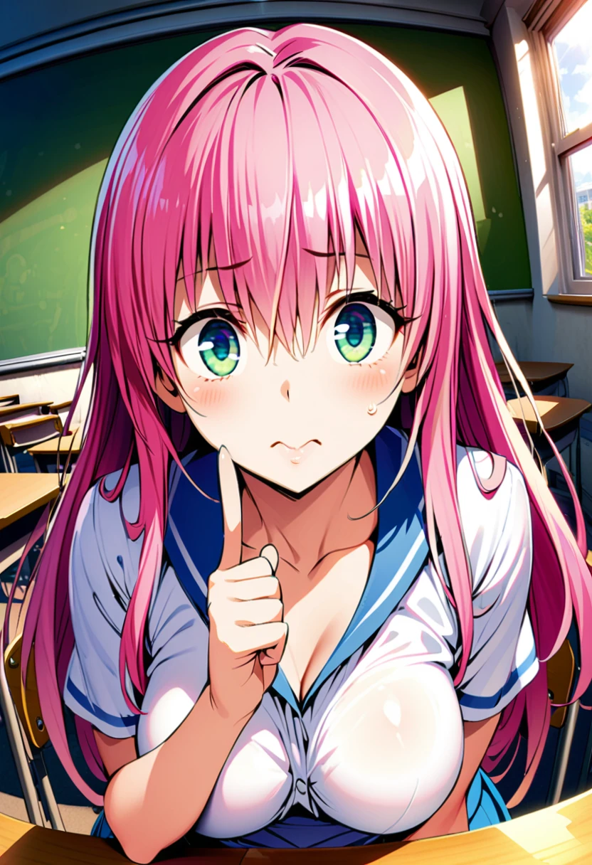 masterpiece, best quality, highres, gotou1, gotou hitori, solo, bangs, hair between eyes, ((portrait)), pink tracksuit, detiled eyes, big boobs, classroom, ((cleavage)), ((evil smile))