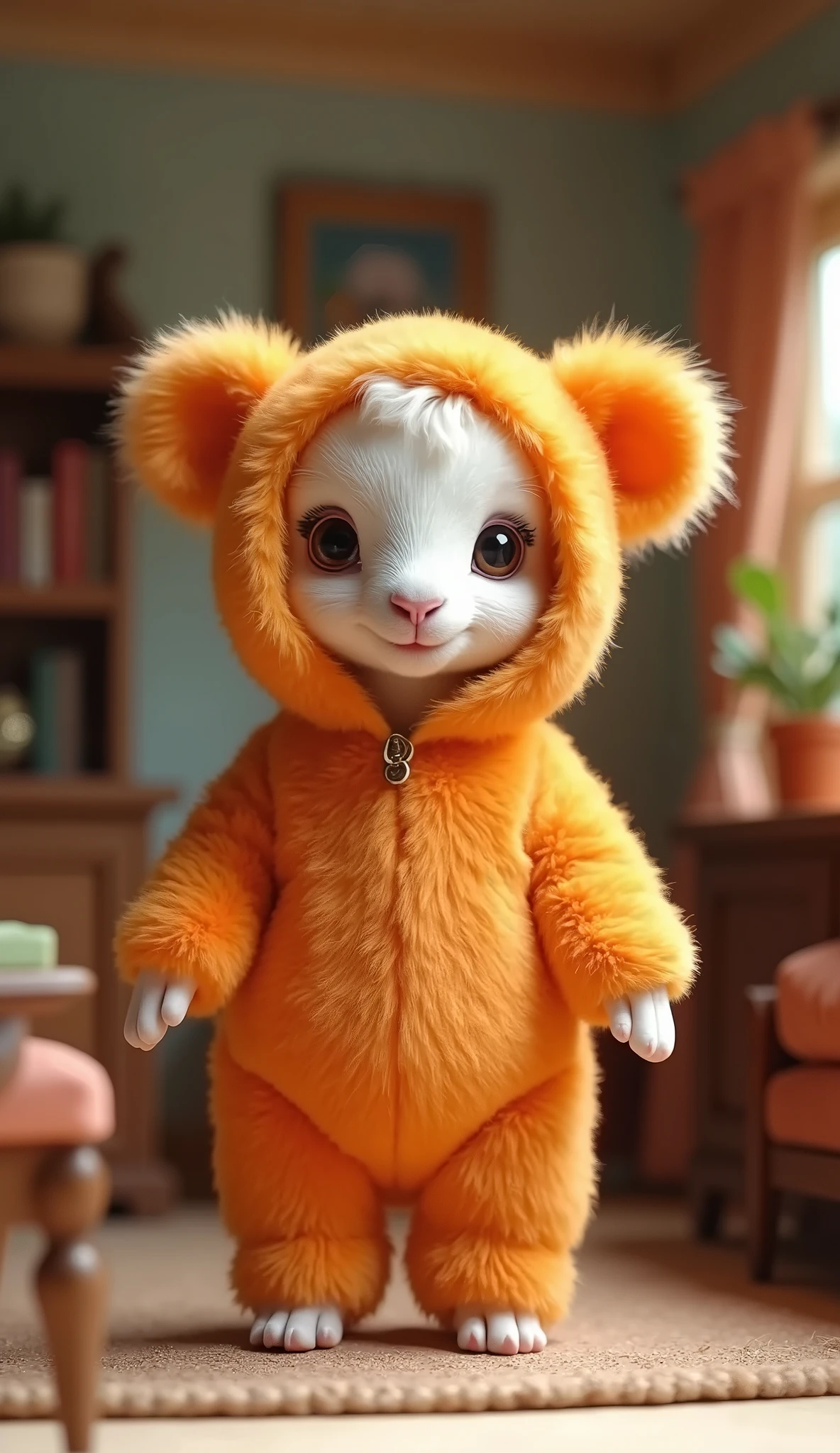 Close up of stuffed animal standing on wooden floor, disney bambi cat, Disney style furry, pink fox, Fursuit, Cute fumo stuffed fox girl, Fursuit!!!!, Plush mascot, Firmware version, Rabbit has pink fur, elf character, furry characters, Elokiti, pink iconic character, 🎀 🧟 🍓 🧚