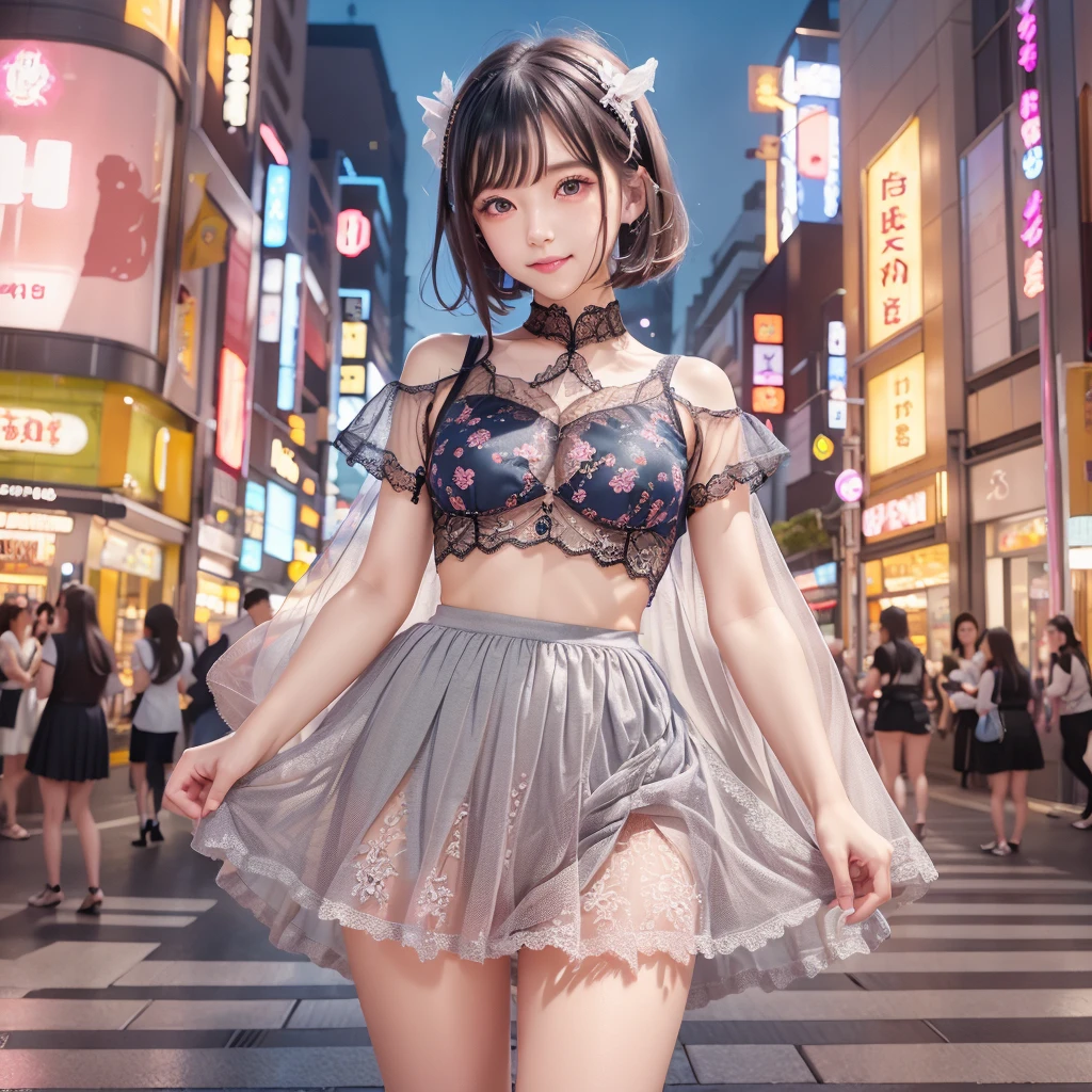 (Highest quality、Highest quality、Highest Resolution、masterpiece、detailed、live-action)、
(((Mesh mini dress)))、
(((Lift up your skirt with both hands)))、
(((Grab the hem of your skirt with both hands)))、
(((Showing panties)))、
(((Panties are visible)))、
1 Japanese woman、
Cute Japanese Woman、
Beautiful 20 year old Japanese woman、
Slender figure、
Small breasts、
The woman is facing the photographer、
Illuminated by spotlights、
being fanned by a strong wind、
smile、
whole body、
Standing posture、
Tokyo Station、夜のTokyo Stationの前、