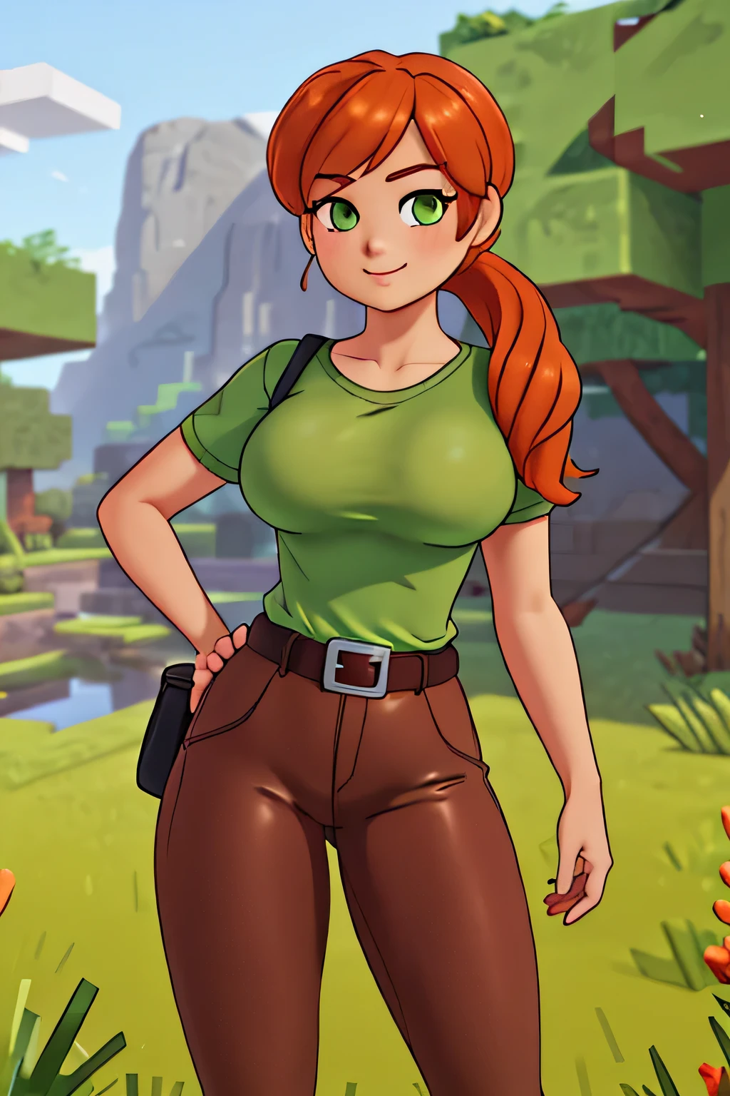 close up 1girl in, photo of Alex, Alex Minecraft, Solo, (messy orange hair, short ponytail over left shoulder, thick Ginger hair, (green eyes: 1.2), (perfect clear skin, pale skin, detailed skin, large breasts, round breasts, perfect body, skinny, thin), (thin hips, thin waist: 1.25), neutral face, mischievous smile, (wearing a green t-shirt, brown bush pants, leather belt, dark leather boots), A solitary mangrove tree with lush green foliage stands in the middle of calm waters under a clear blue sky, The water has a unique reddish tint, contrasting with the blue of the sky, Minecraft world, (realistic photo, best quality, detailed), (8k wallpaper), (cinematic lighting, beautiful light, (noon:1.3)) (sharp focus, intricate), (dslr, realistic, looking at viewer, sharp focus, delicate, soft colors, cinematic)