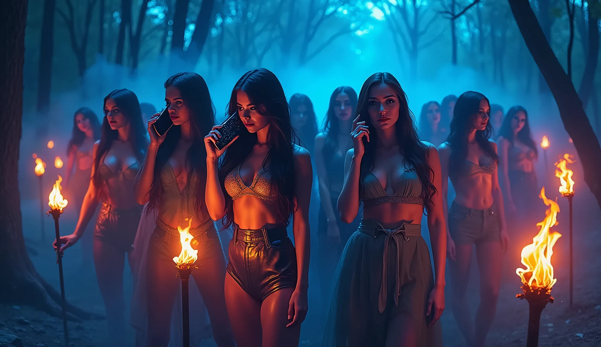 A group of very sexy witches, enormous breast, in black mini skirts, cleavage showing, casting a spell on a man over a cauldron under a full moon, from side
