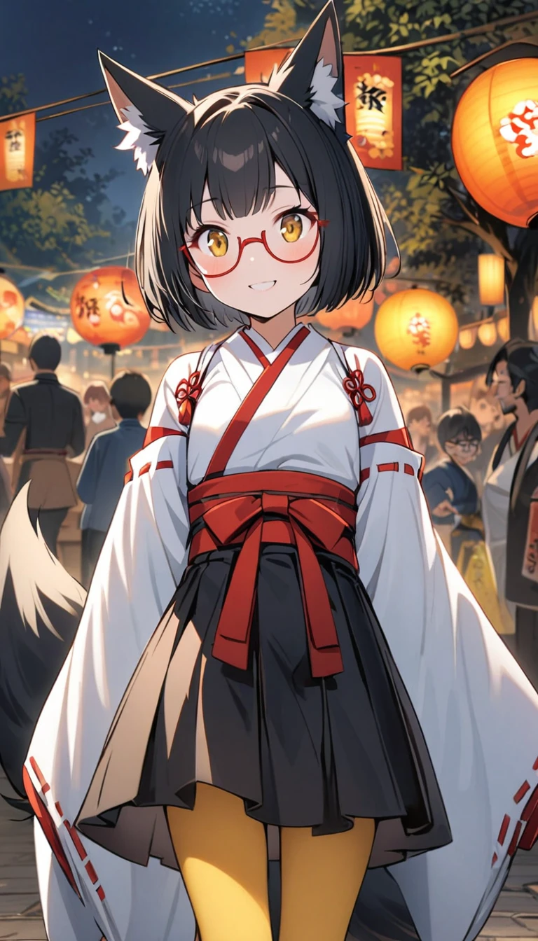 A quiet black fox girl.,One Girl,Flat chest,Red-rimmed glasses,Tree Eyes,Looks happy,Short Hair,Bobcut,Black Hair,fox ears,Miko costume,Short black skirt,Fox Tail,1 bottle,Deep golden yellow tights,Date,Night Festival