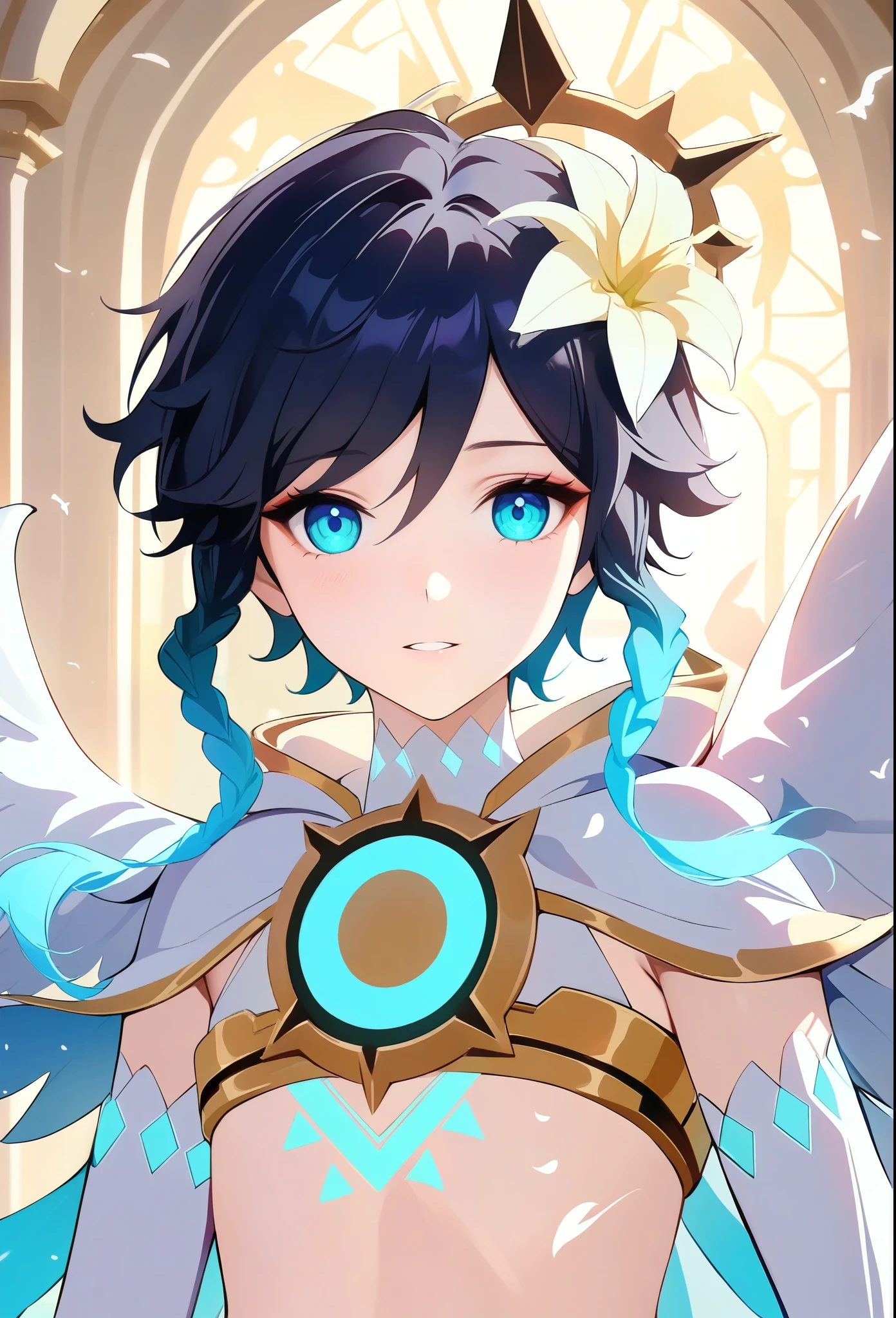 (masterpiece,best quality,4k,8k,absurdres:1.2), best quality, expressive eyes, perfect face, 1boy, flat chest,venti_\(archon\)_\(genshin_impact\),bare stomach,graceful,realistic:.5,(face focus,detailed_eyes),black hair

white doves, genshin impact, white lilies, dandelions, beautiful lilies blooms and plants surrounding him, (framed by the full moon clock and constellations in an stained glass art style), dazzling moonlit scene, tarot, archonventi, large angel wings,dsmile:.25