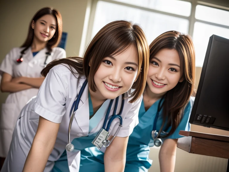 masterpiece, best quality, beautiful woman, 2 female doctor and apprentice 2 nurses, (laboratory viewer), straddle on viewer, approaching, seductive grin smug, light-brown hair, big breasts, at examination room, cum inside the examiner, treatment, dynamic angle, depth of view, viewer's thighs, POV