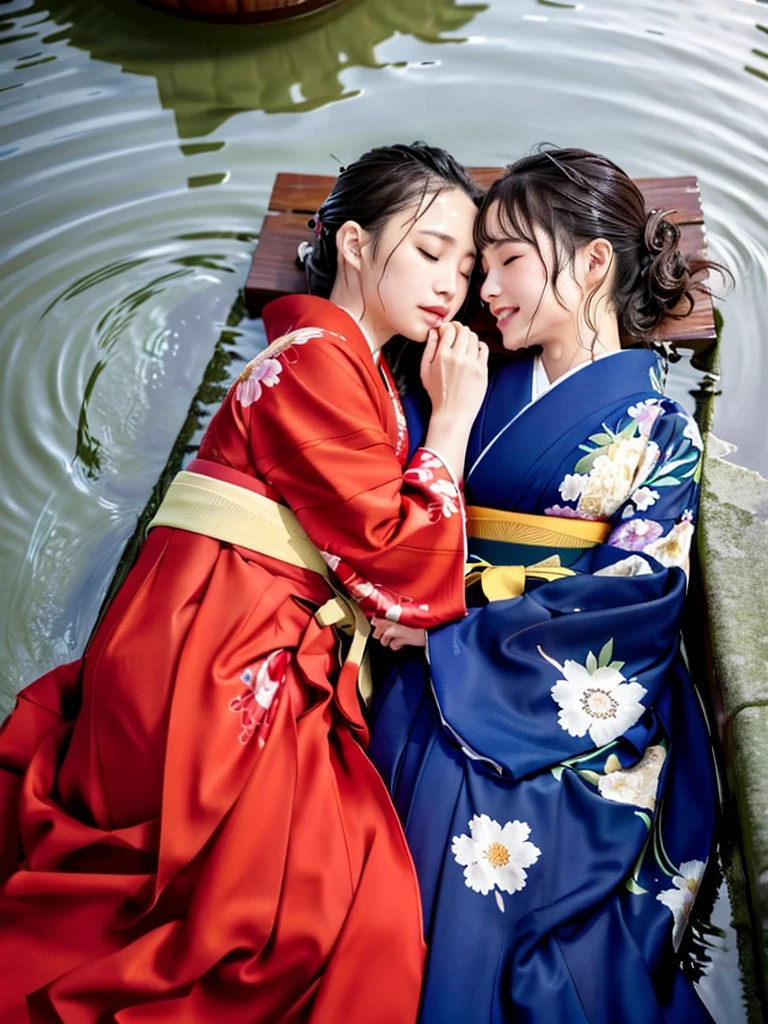 Long-sleeved kimono, hakama, long hakama, long long-sleeved kimono, wet clothes, floral kimono, soaking wet clothes, wet and shiny clothes, clothes with a wet texture, clothes clinging to the body, being submerged in water, pool, sleeping woman, sleeping face、Two people, sleeping together, embracing each other