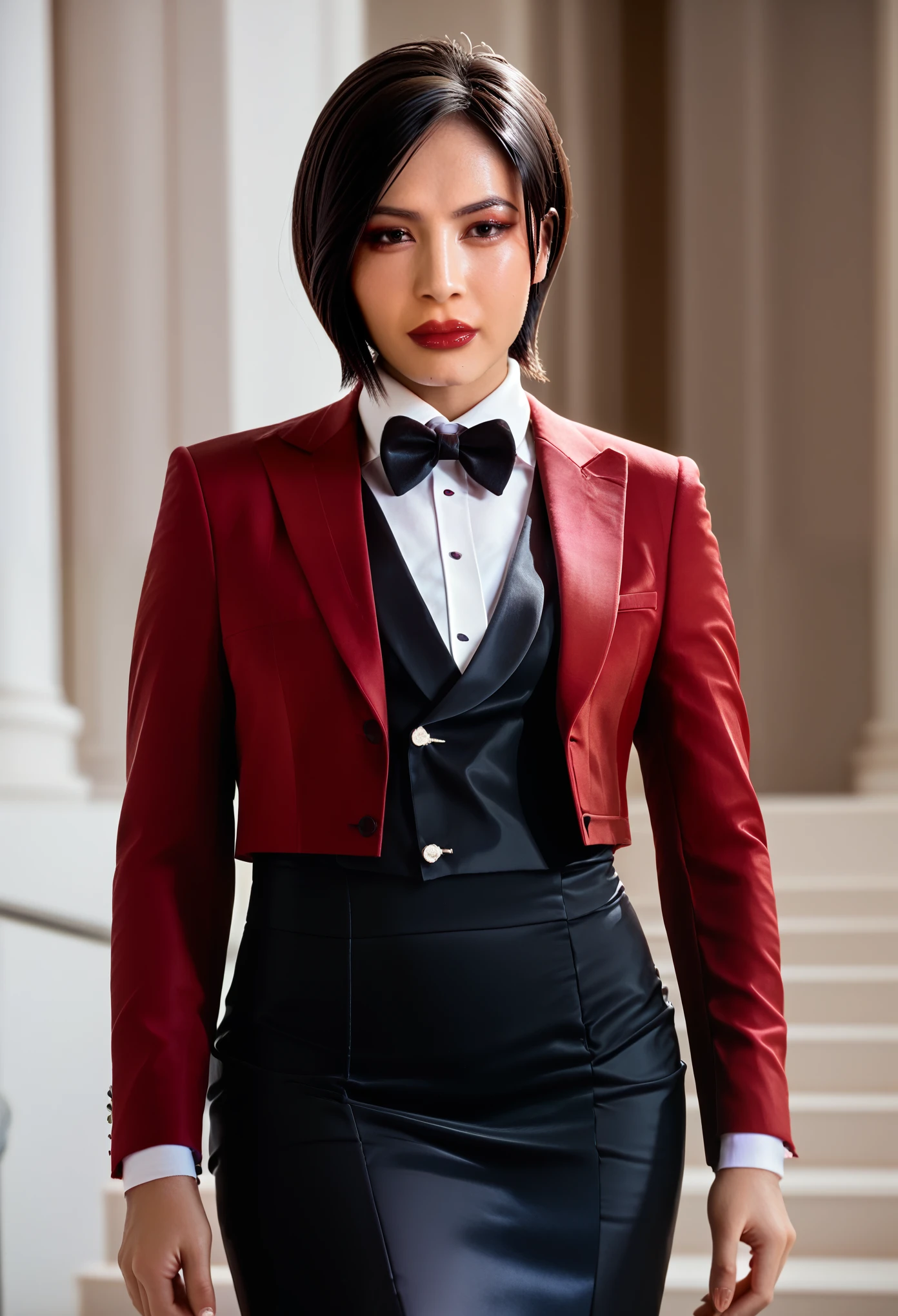 score_9, score_8_up, score_7_up, ada wong, awong_re4rm, three-piece suit, formal, jewelry, tuxedo, ((black waistcoat)), skirt suit, dress shirt, black bowtie, red blazer, red suit jacket, tuxedo shirt, black bodycon pencil skirt, white shirt, black jacket lapels, suit trim, makeup, lipstick, black pantyhose, 1girl, posing, petite, perfect face, closeup, looking at viewer, depth of field, face focus, waist up