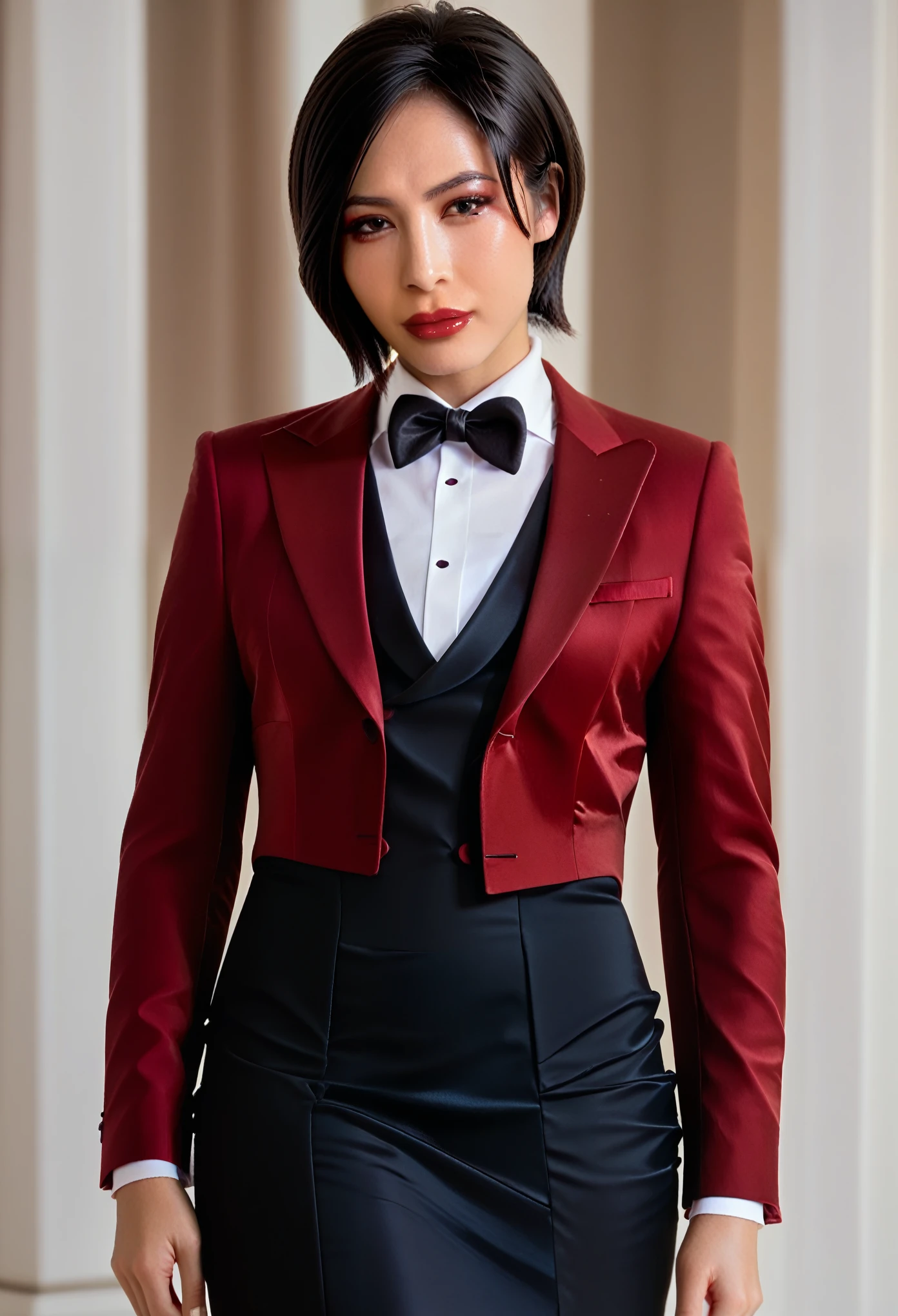 score_9, score_8_up, score_7_up, ada wong, awong_re4rm, three-piece suit, formal, jewelry, tuxedo, ((black waistcoat)), skirt suit, dress shirt, black bowtie, red blazer, red suit jacket, tuxedo shirt, black bodycon pencil skirt, white shirt, black jacket lapels, suit trim, makeup, lipstick, black pantyhose, 1girl, posing, petite, perfect face, closeup, looking at viewer, depth of field, face focus, waist up