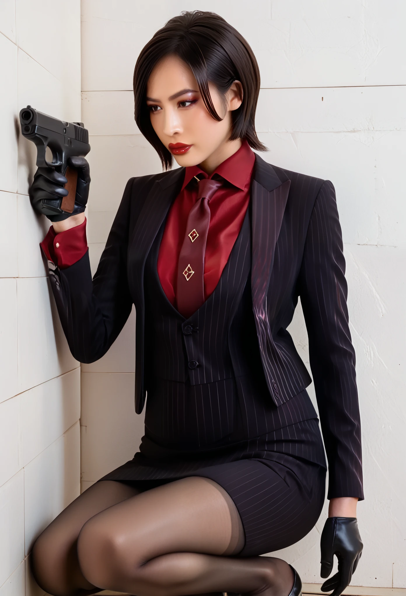 score_9, score_8_up, score_7_up, ada wong, awong_re4rm, three-piece suit,  formal, jewelry, ((waistcoat)), black pinstripe skirt suit, dress shirt, red silk necktie, blazer, suit jacket, bodycon pencil skirt, red shirt, suit trim, makeup, lipstick, black pantyhose, 1girl, posing, petite, perfect face, closeup, squatting, holding handgun, looking to the side, on alert, sneaking, elegant, leaning against wall, back to wall, holding gun up, black leather gloves, red shirt cuffs