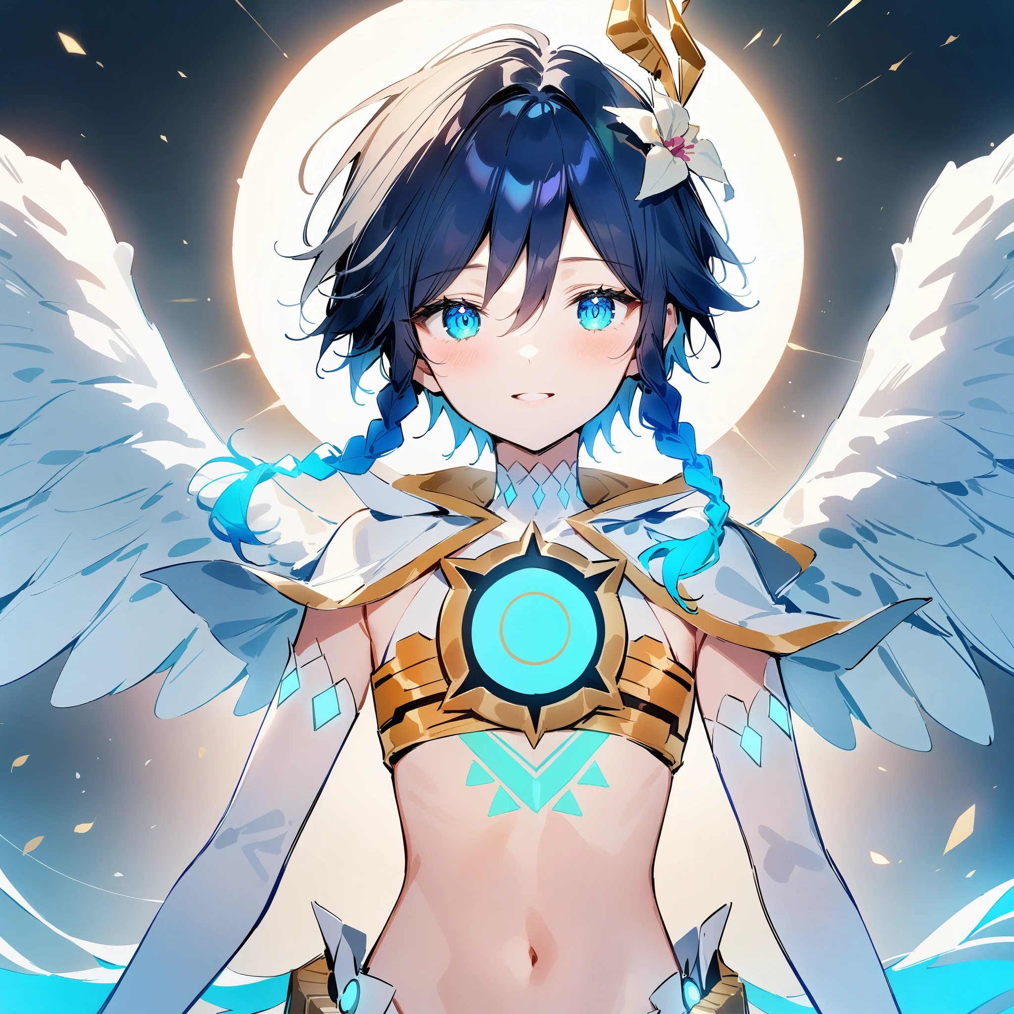 (masterpiece,best quality,4k,8k,absurdres:1.2),agahari,aoi nanase,((illustrated by carnelian)),sharp and clear, wide blue slit pupils, perfect face, 1boy, flat chest,venti_\(archon\)_\(genshin_impact\),bare stomach,graceful,(face focus,detailed_eyes),gradient_hair,chest_tattoo,thigh_tattoo,flirtatious,seductive,dsmile,large fluffy angel wings,otoko no ko
