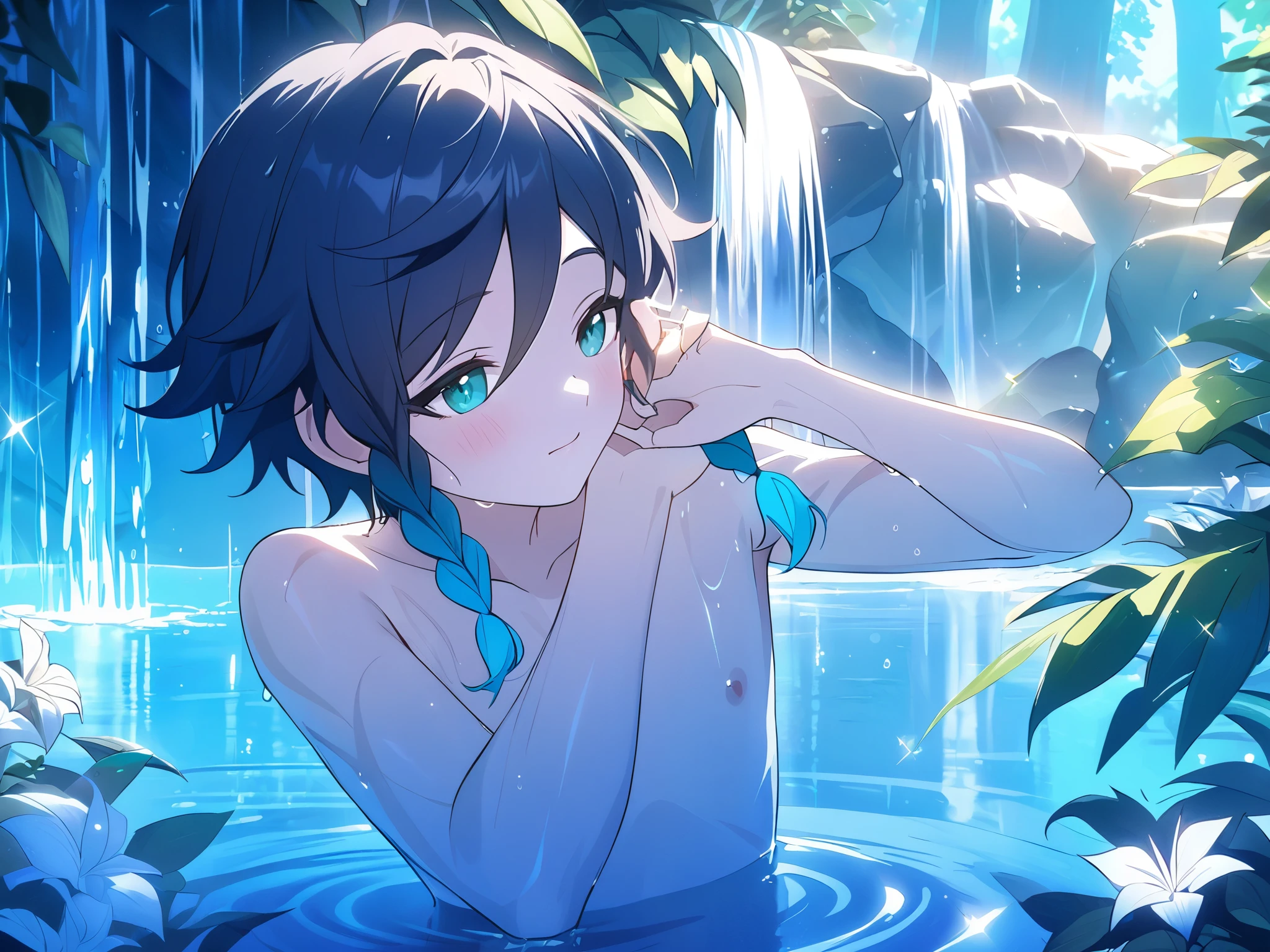 (best quality,4k,8k,highres,masterpiece:1.2)1boy,((venti_\(genshin_impact\))),portrait,ultra-detailed,bathing nude in an enchanting lake, sparkling water, serene atmosphere, peaceful, calming, tranquil, glimmering reflections, floral surroundings, fragrant flowers, smooth stones, natural beauty, fairy-tale-like,  shimmering waterfall, transparent veil of water, cascading elegantly, delicate mist, refreshing breeze, natural harmony, dappled sunlight, dancing shadows, ethereal, magical ambiance, lush greenery, whispering leaves, playful ripples, harmonious colours, serenity, blissful tranquillity, hidden paradise, one with nature, serene escape, enchanted dreamscape, rays of light piercing through the foliage, harmonious melodies of nature,flat chest,slim body,boyish charm,wet skin,wet hair,hair in loose curls,glittering,standing