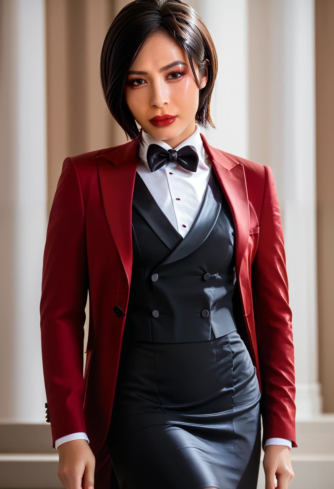 score_9, score_8_up, score_7_up, ada wong, awong_re4rm, three-piece suit, formal, jewelry, tuxedo, ((black waistcoat)), skirt suit, dress shirt, black bowtie, red blazer, red suit jacket, tuxedo shirt, black bodycon pencil skirt, white shirt, black jacket lapels, suit trim, makeup, lipstick, black pantyhose, 1girl, posing, petite, perfect face, closeup, looking at viewer, depth of field, face focus, waist up