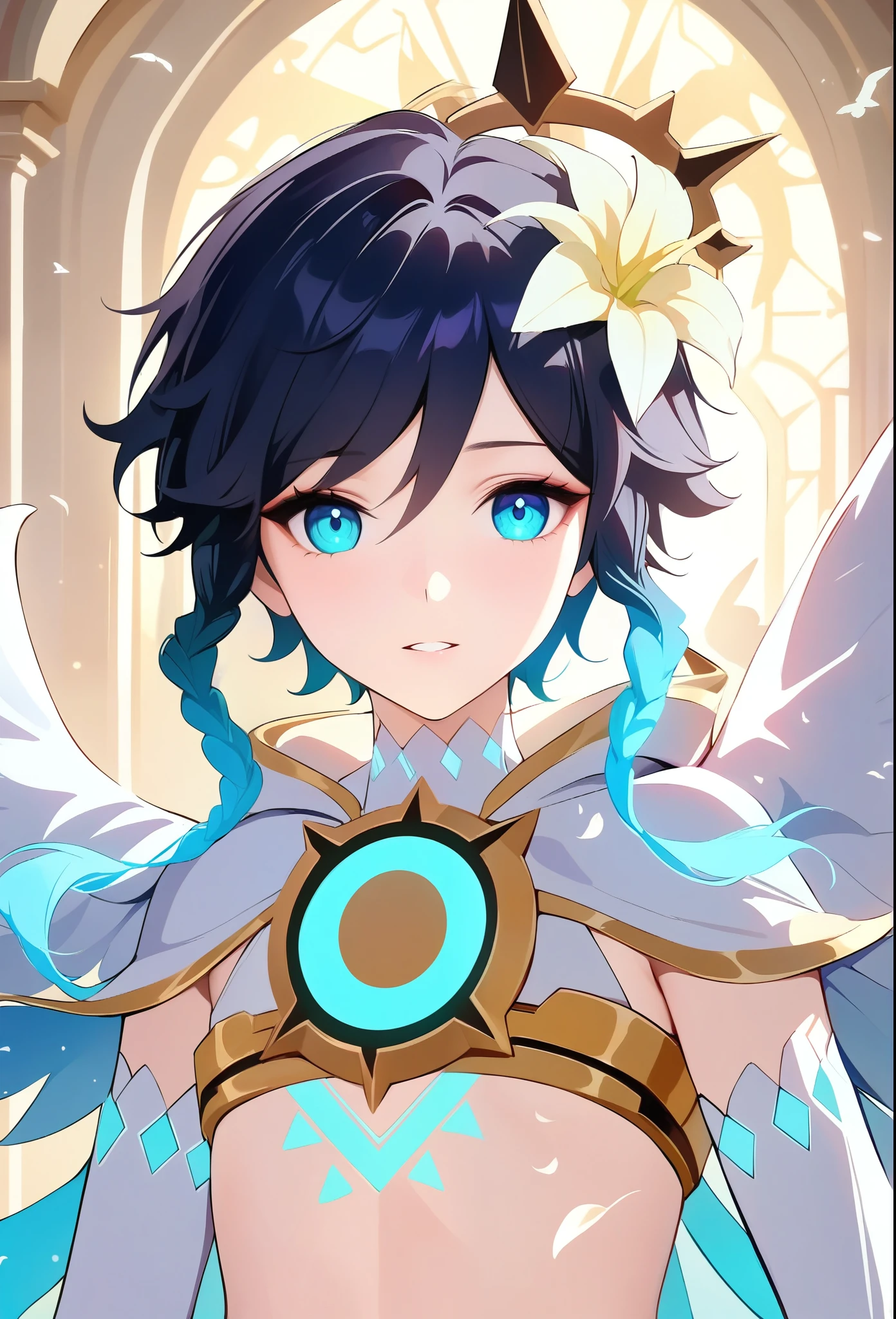 (masterpiece,best quality,4k,8k,absurdres:1.2), best quality, expressive eyes, perfect face, 1boy, flat chest,venti_\(archon\)_\(genshin_impact\),bare stomach,graceful,realistic:.5,(face focus,detailed_eyes),black hair

white doves, genshin impact, white lilies, dandelions, beautiful lilies blooms and plants surrounding him, (framed by the full moon clock and constellations in an stained glass art style), dazzling moonlit scene, tarot, archonventi, large angel wings,dsmile:.25