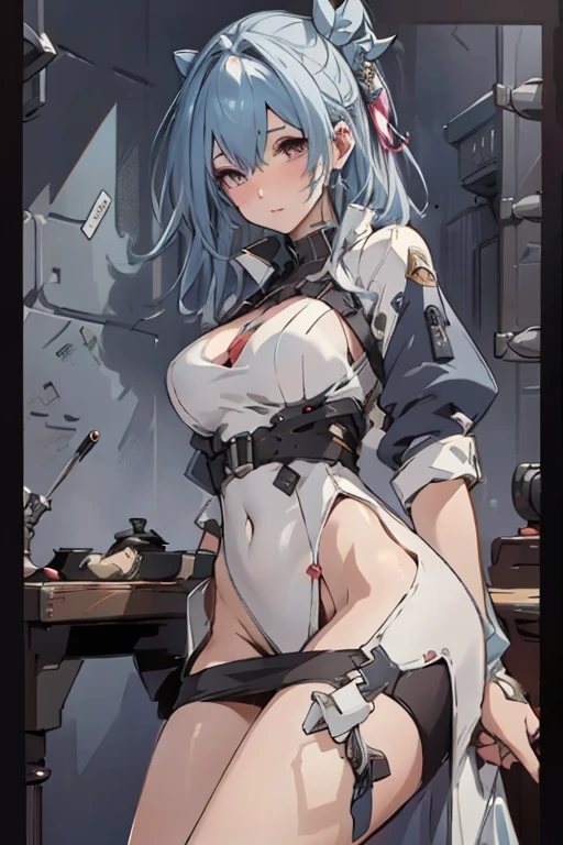 ((Highest quality)), ((masterpiece)), ((detailed)), (4K), 1girl, 独奏, indigo blue hair, long hair, black tube top, denim shorts, squatting, (open legs), large breasts, erect nipples, angry, looking at viewer, (from above), breast focus, town, wasteland, sweat