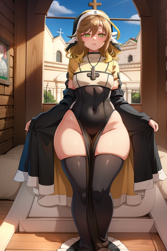 amicia michella - nijisanji, anime style, 1girl, brown short hair, yellow inner hair, wavy hair, green eyes, detailed eyes, girly face, blushed, seductive, wide hips, thick thighs, huge round ass, flat chested, full flat chest, nun, nun costume, nun dress, necklace, cross necklace, full body, church, praying pose, absurdres, high res, ultrasharp, 8K, masterpiece, looking at viewer,culo,vagina,ano