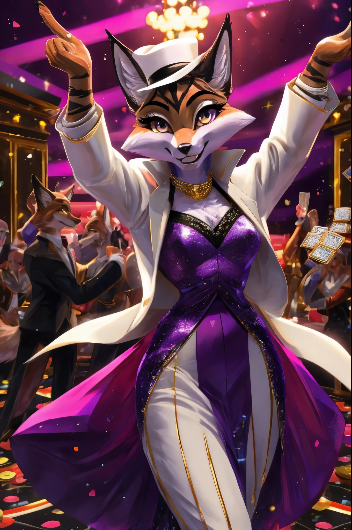 A female purple fox, purple dyed fur, gold eyes, smiling, walking in a fancy casino, using cards, wearing an elegant white suit, wide open mocking smile, lifting her arms, doing a dance pose, wearing a white hat 