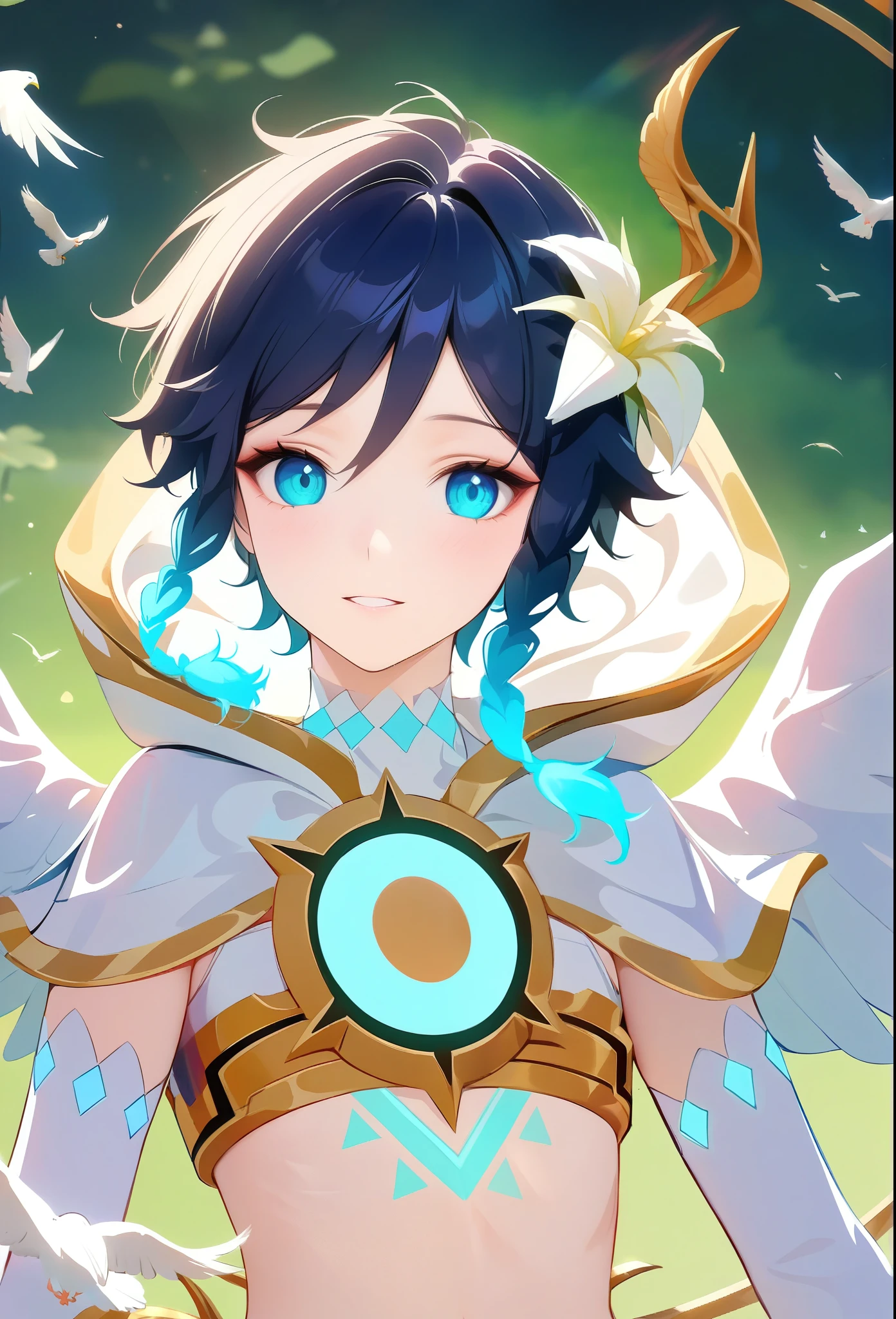 (masterpiece,best quality,4k,8k,absurdres:1.2), best quality, expressive eyes, perfect face, 1boy, flat chest,venti_\(archon\)_\(genshin_impact\),bare stomach,graceful,realistic:.5,(face focus,detailed_eyes),black hair

white doves, genshin impact, white lilies, dandelions, beautiful lilies blooms and plants surrounding him, (framed by the full moon clock and constellations in an stained glass art style), dazzling moonlit scene, tarot, archonventi, large angel wings,dsmile:.25