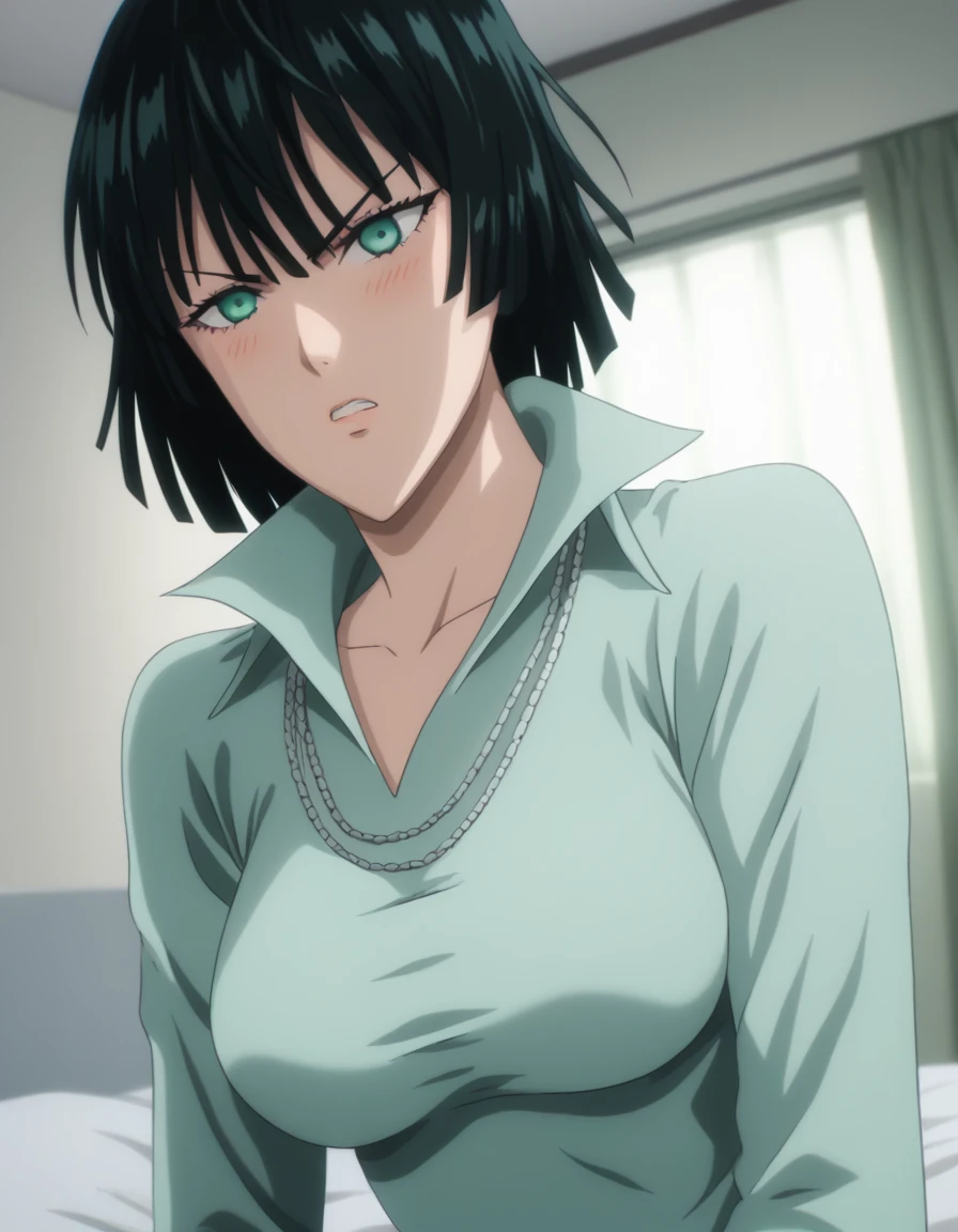 score_9, score_8_up, score_7_up, sauce_anime, ambient light,                                                                                                                                                                             
fubuki, fubuki \(one-punch man\), tall girl, 1 girl ,black hair,  deep green eyes, short hair,,, furrowed brow , grimace, wince, frown, close up face:0.2,                       
nsfw, (show off breast),, dress,, high collar, jewelry, necklace, , taut clothes, taut dress,  jewelry, necklace,,, in panties,                                                                                                                        indoors,, bed ,realistic bed room, (on side), cowboy shot,, looking at viewer, solo, dutch angle, blush,, , clenched teeth, saliva,, large breasts