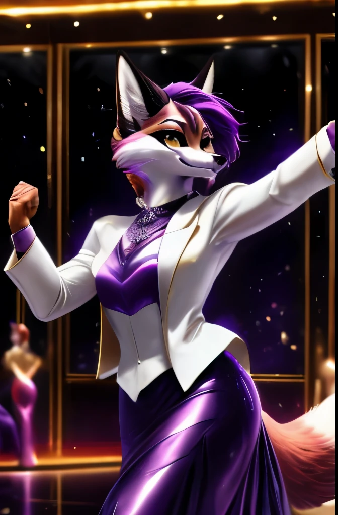 A female purple fox, purple dyed fur, gold eyes, purple hair, smiling, walking in a fancy casino, wearing an elegant white suit, wide open mocking smile, lifting her arms, doing a dance pose, wearing a white hat, lifting her index fingers