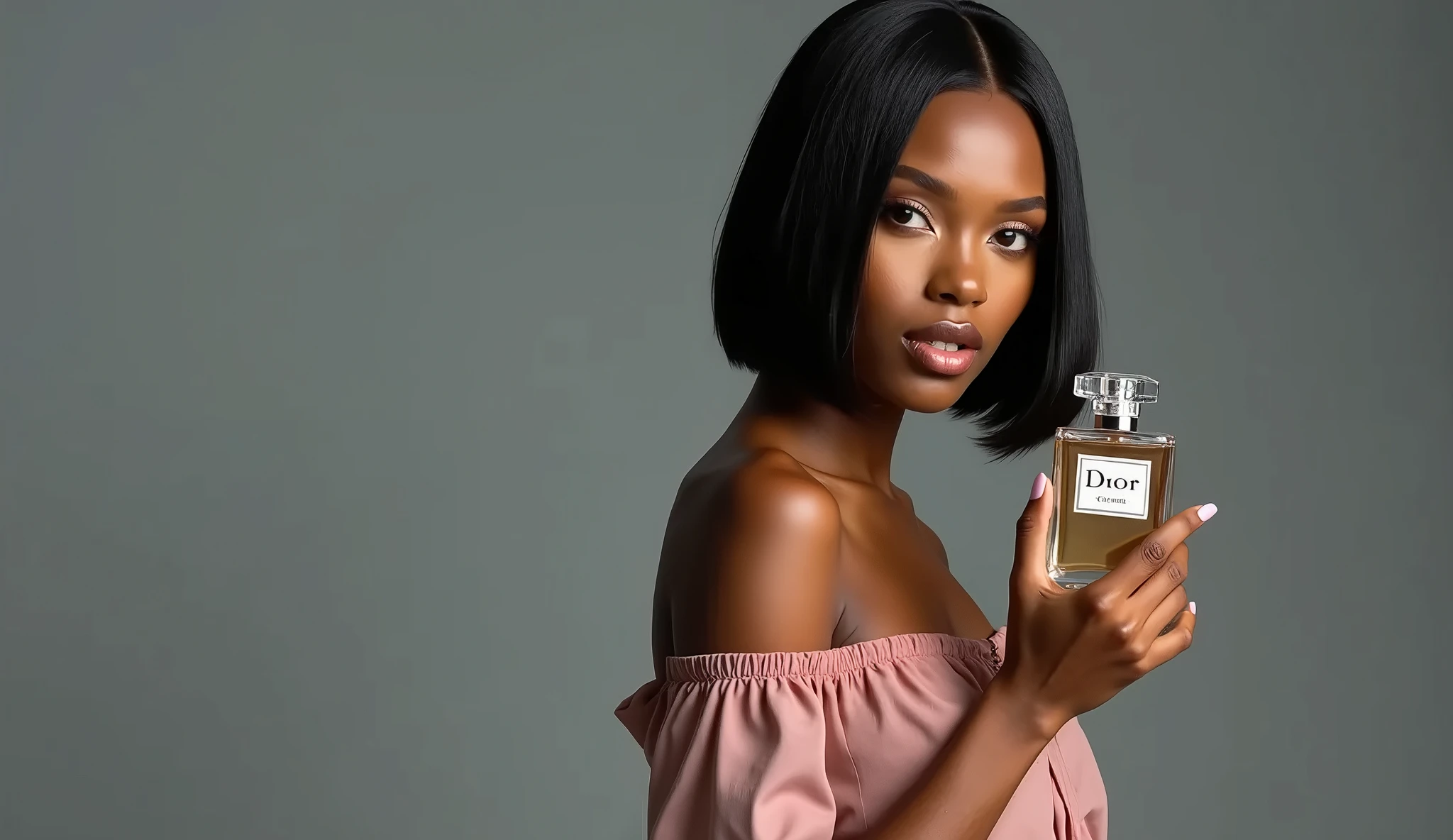 a naked beautiful ebony-skinned woman, holding a perfume bottle, la marca y texto es “LUZ” soft natural lighting, simple blurred background, natural hair and subtle makeup, delicate perfume bottle design, vivid colors, lifelike details, realistic and unpolished, elegant and authentic, (best quality,4k,8k,highres,masterpiece:1.2),ultra-detailed,(realistic,photorealistic,photo-realistic:1.37),portrait,natural setting,warm atmosphere,bokeh background