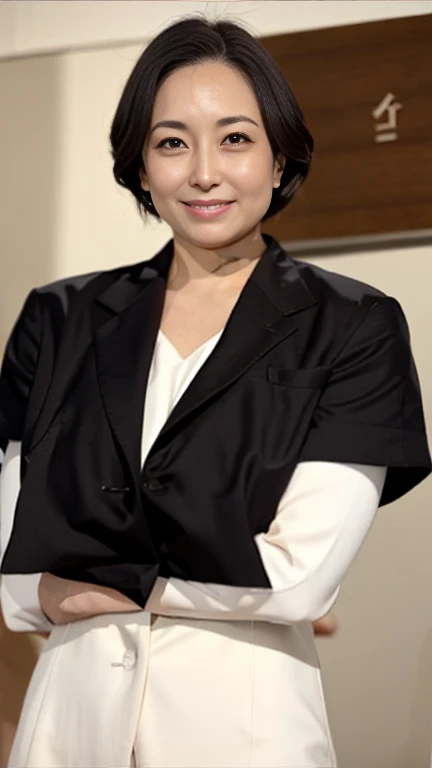 最high quality, 8k, Vibrant, Sharp focus, high quality, High resolution, Middle-aged women, Mature Woman, 55 years old, (Whole Body Ezbian), (High heels face detail, Highly detailed eyes, Plump figure、Plump face、((big 1.6))、(((Large Breasts)))、((Black leather clothing))、((city))、Random Hairstyles、A kind smile、