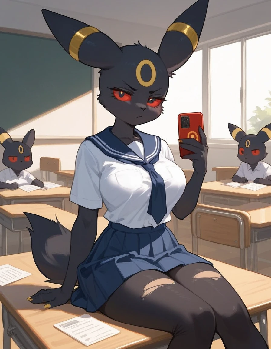 alone, score_9,score_8_up,score_7_up, anthro female umbreon, red sclera, black eyes, school uniform, white panties, standing, lifting skirt, classroom.