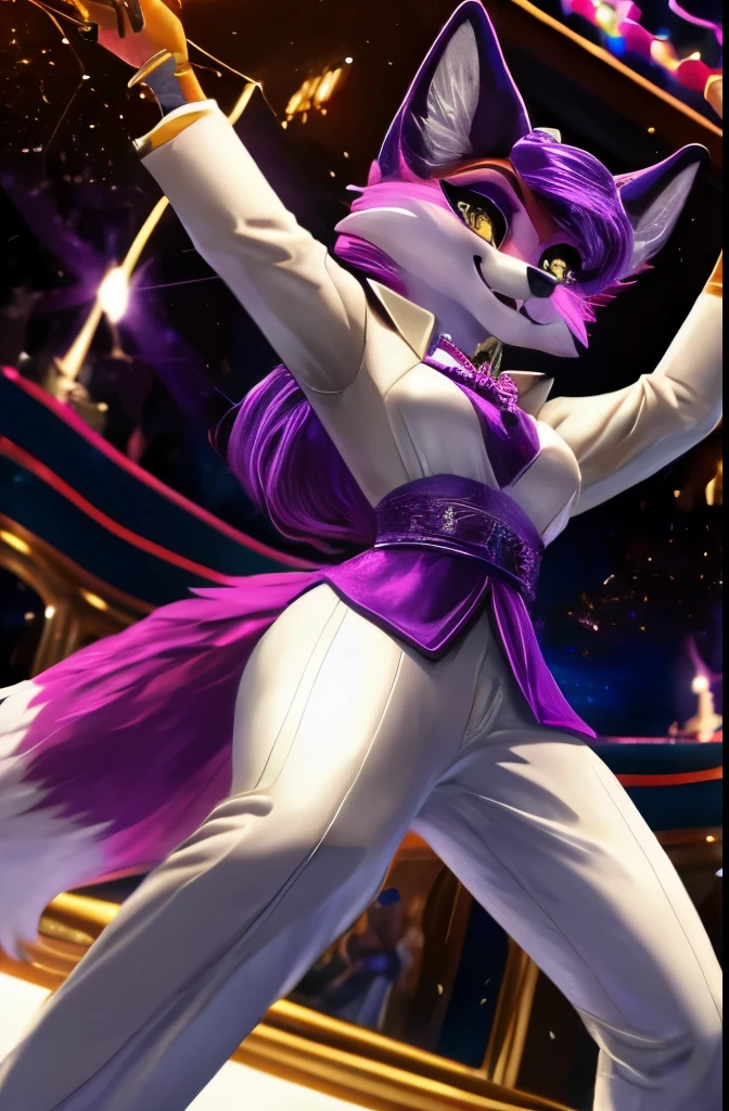 A female purple fox, purple dyed fur, gold eyes, purple hair, smiling, walking in a fancy casino, wearing an elegant white suit, wide open mocking smile, lifting her arms, doing a dance pose, wearing a white hat, lifting her index fingers, facing to the front, from upfront perspective 