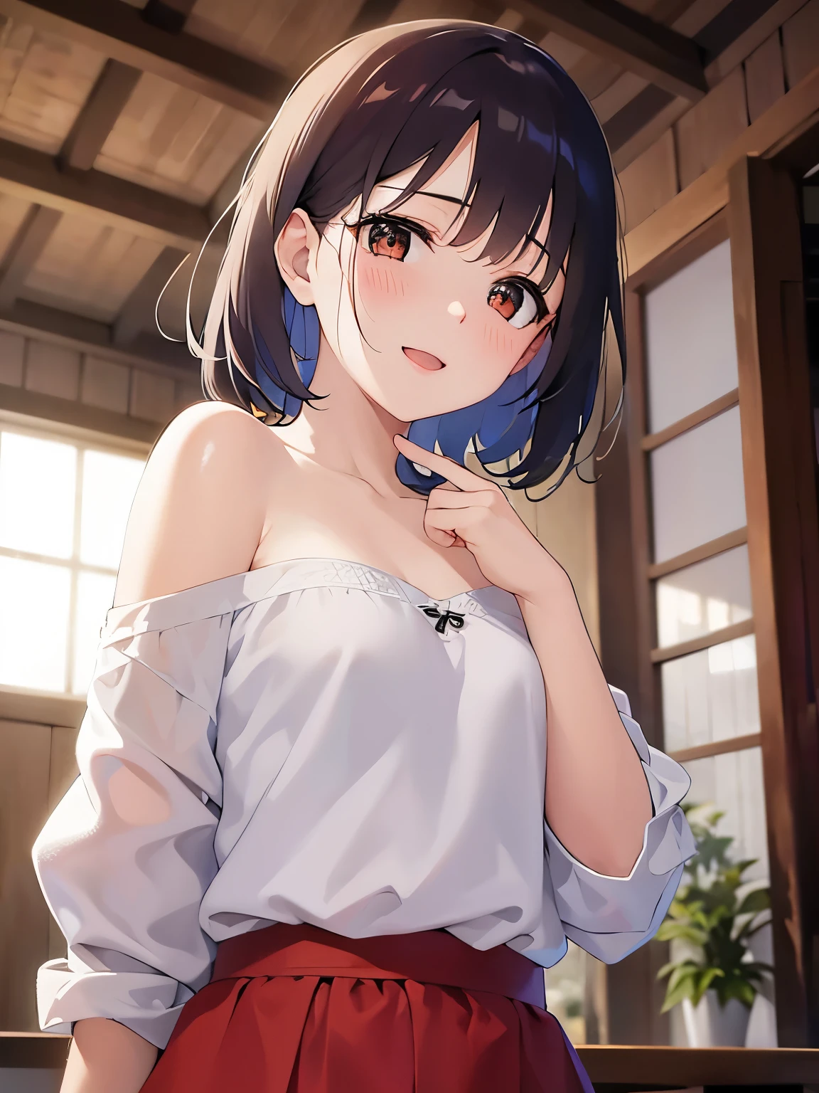 cute girl, indoors, casual clothes, (dress:0.6), (looking at viewer:0.3) (smile:0.6), moderate breasts, (shy:0.8), (brown hair:0.8), (hairpins:0.8), (short hair:0.7)