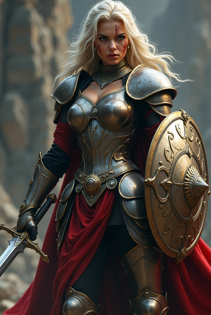 photorealisic image of a stunning lady paladin holding sword and shield covering her body, defense stance, scars and wounds on her body, though and strength expression, serious wrath face, intricate detailed