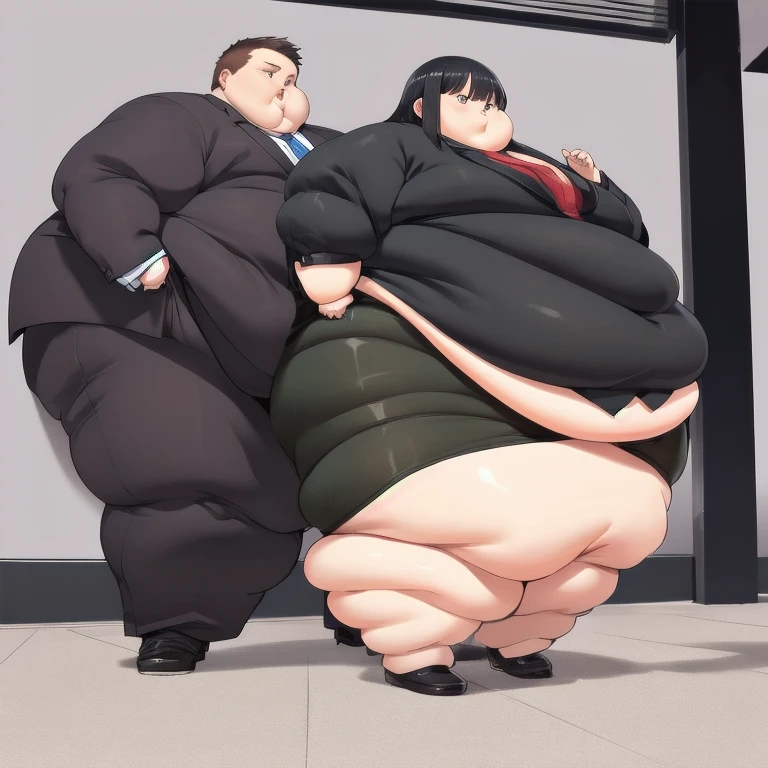 Highest quality,High resolution,Extremely obese women,Very fat lump, Black Hair,suit,Very large, A flabby belly that hangs down to the knees, [Fat Belly,Very thick thighs,Big swollen ass,Very large arms,Too heavy to move
