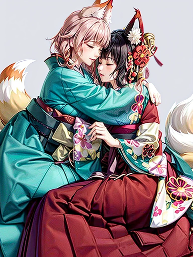 Anime, girl, woman, hakama, furisode, long hakama, floral kimono, fox, fox ears, fox tail, big ears, big tail, sleeping woman, sleeping face, two people hugging each other, hugging