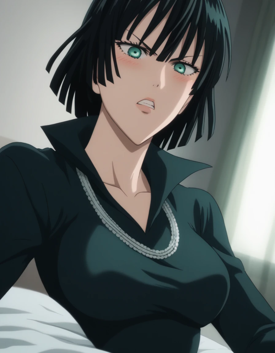 score_9, score_8_up, score_7_up, sauce_anime, ambient light,                                                                                                                                                                             
fubuki, fubuki \(one-punch man\), tall girl, 1 girl ,black hair,  deep green eyes, short hair,,, furrowed brow , grimace, wince, frown, close up face:0.2,                       
nsfw, (show off breast),,black dress , undress dress,, high collar, jewelry, necklace, , taut clothes, taut dress,  jewelry, necklace,,, in panties,                                                                                                                                                                                                                               indoors,, bed ,realistic bed room, (on side),                                                                                                                                                    
cowboy shot,, looking at viewer, solo, dutch angle, blush,, , clenched teeth, saliva,, large breasts