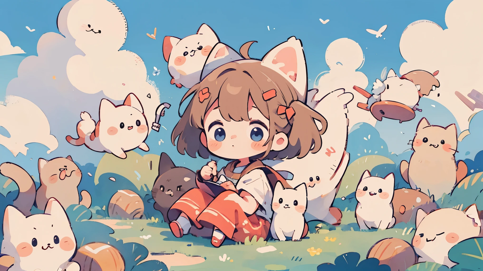 masterpiece, Best Quality, 8k, Cute Girl Chibi,cat,Flying in the sky