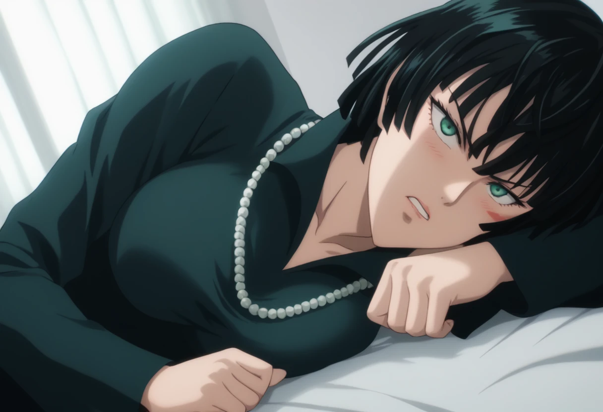 score_9, score_8_up, score_7_up, sauce_anime, ambient light,                                                                                                                                                                             
fubuki, fubuki \(one-punch man\), tall girl, 1 girl ,black hair,  deep green eyes, short hair,,, furrowed brow , grimace, wince, frown, close up face:0.2,                       
nsfw, (show off breast), navel ,, undress dress, black dress , high collar, jewelry, necklace, , taut clothes, taut dress, ,, in panties,                                                                                                                                                                                                                               indoors,, bed ,realistic bed room, (on side),                                                                                                                                                    
cowboy shot,, looking at viewer, solo, dutch angle, blush,, , clenched teeth, saliva,, large breasts