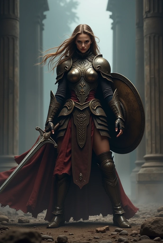 photorealisic image of a stunning lady paladin holding sword and shield covering her body, defense stance, pointing the sword and shouting, scars and wounds on her body, though and strength expression, serious wrath face, intricate detailed