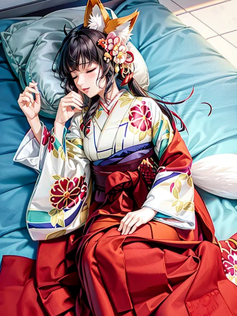 Anime, girl, woman, hakama, furisode, long hakama, floral kimono, fox, fox ears, fox tail, big ears, big tail, sleeping woman, sleeping face, two people hugging each other, hugging