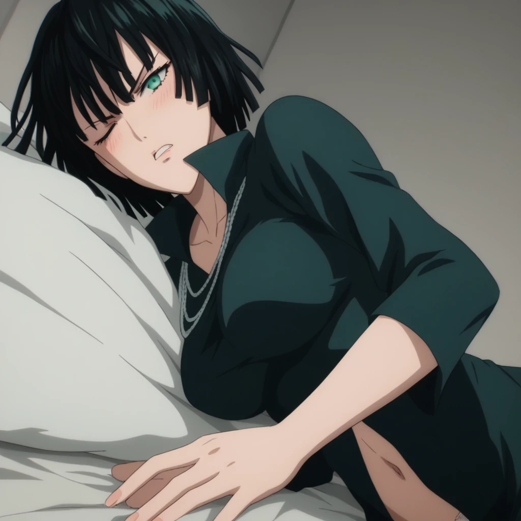 score_9, score_8_up, score_7_up, sauce_anime, ambient light,                                                                                                                                                                             
fubuki, fubuki \(one-punch man\), tall girl, 1 girl ,black hair,  deep green eyes, short hair,,, furrowed brow , grimace, wince, frown, close up face:0.2,                       
nsfw, (show off breast), navel ,, undress dress, black dress , high collar, jewelry, necklace, , taut clothes, taut dress, ,, (in lace panties),                                                                                                                                                                                                                               indoors,, bed ,realistic bed room, (on side),                                                                                                                                                    
cowboy shot,, looking at viewer, solo, dutch angle, blush,, , clenched teeth, saliva,, large breasts